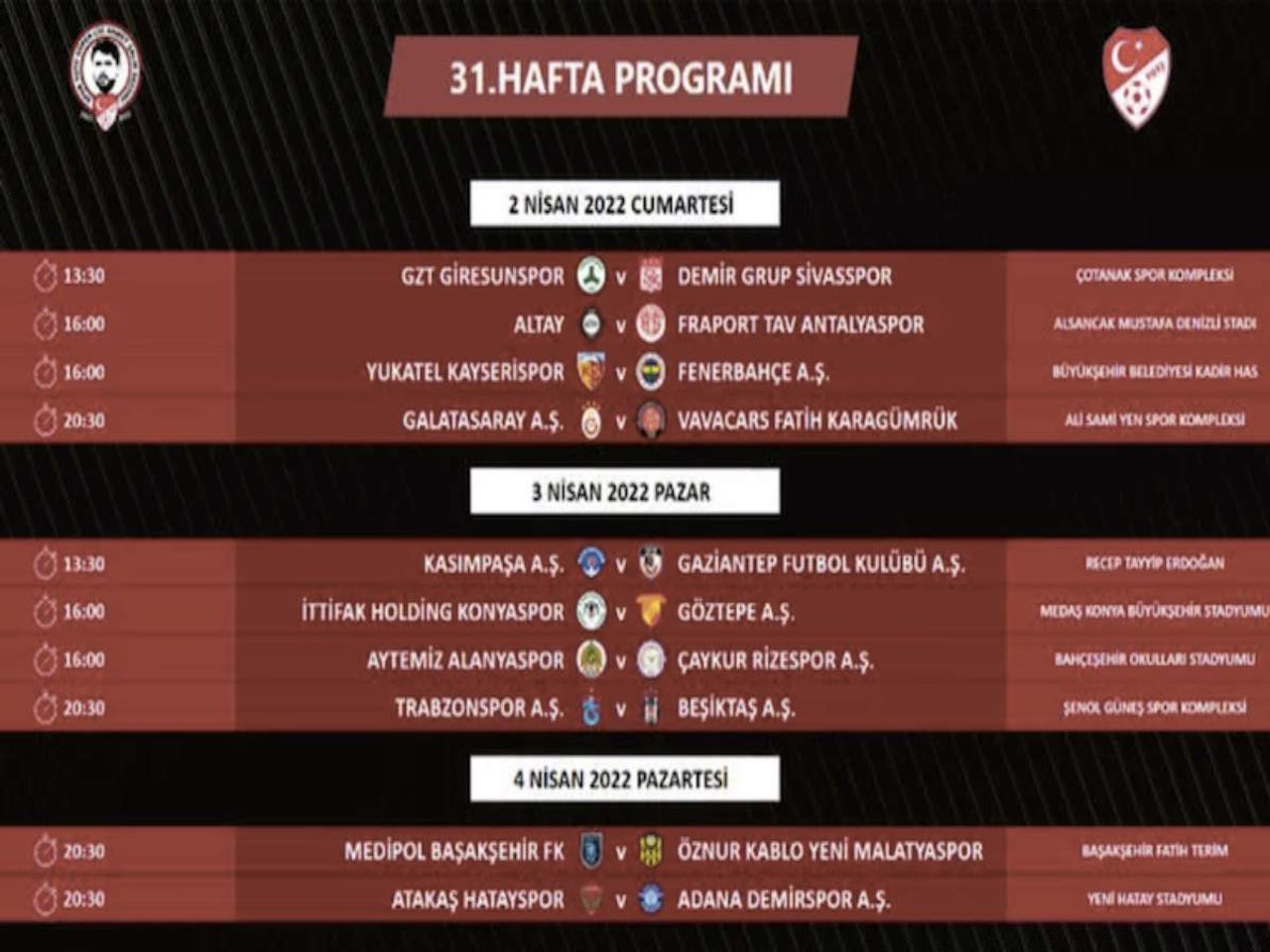 31.hafta derbi programı 31.hafta derbi programı