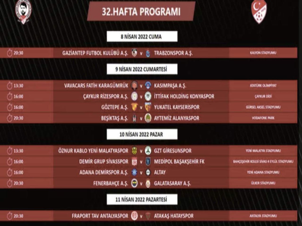 32.hafta derbi programı 32.hafta derbi programı