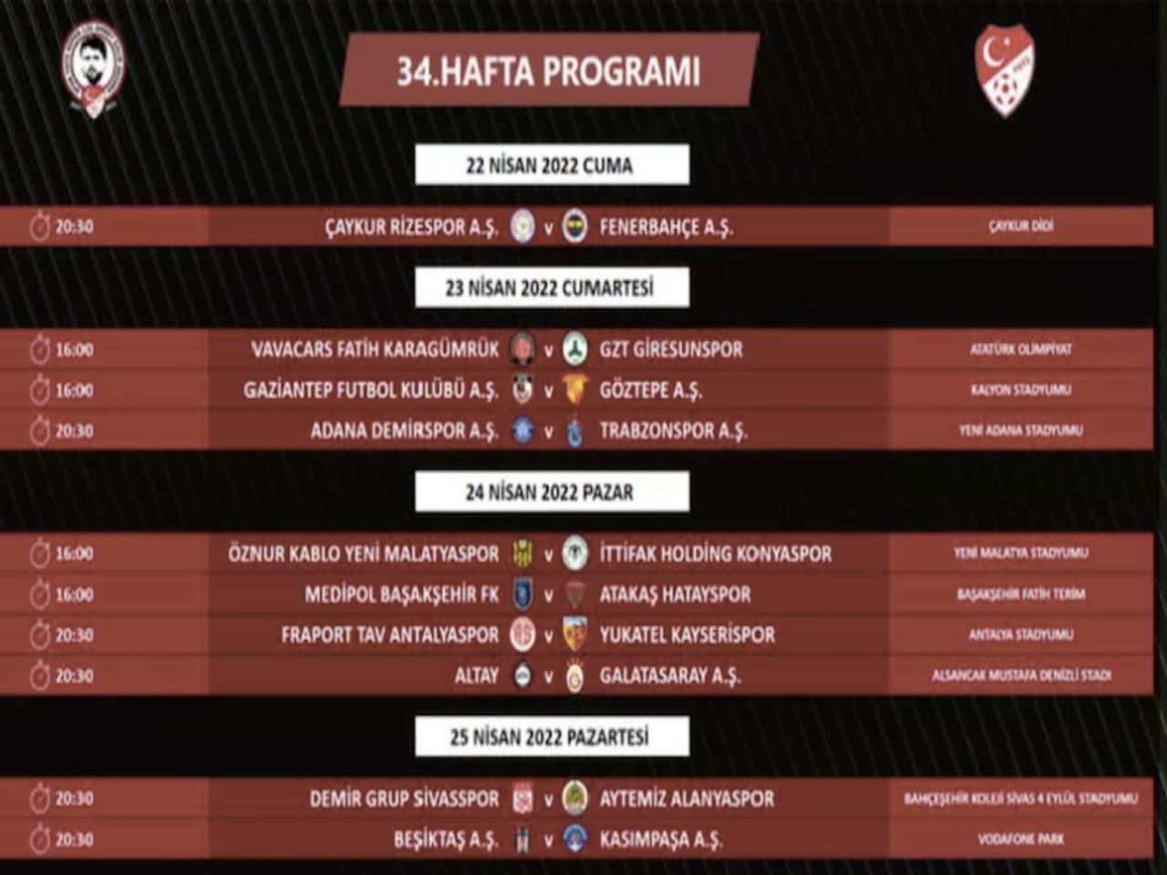 34.hafta derbi programı 34.hafta derbi programı
