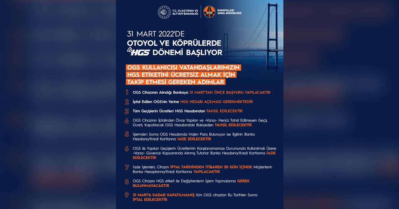OGS kullananlar dikkat! Karayolları duyurdu, 31 Mart OGS kullananlar dikkat! Karayolları duyurdu, 31 Mart