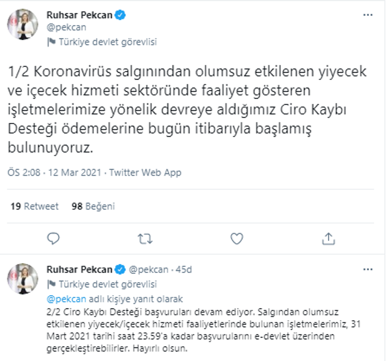Ruhsar Pekcan: Ciro Kaybı Desteği Ödemeleri Bugün Başladı564465 Ruhsar Pekcan: Ciro Kaybı Desteği Ödemeleri Bugün Başladı564465