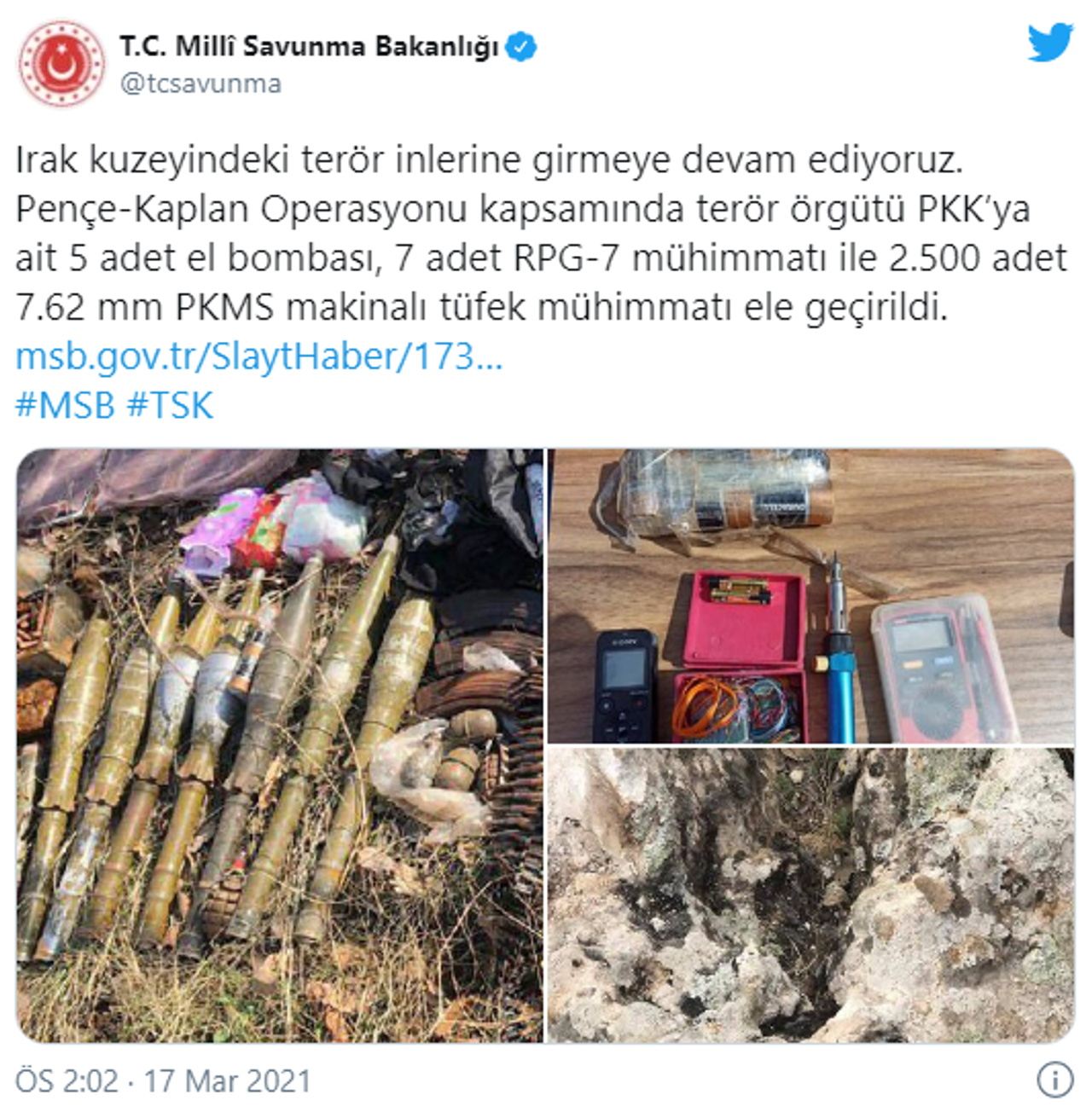 Irak Kuzey Bölgesinde PKK’ya Ait Çok Sayıda Mühimmat Bulundu443 Irak Kuzey Bölgesinde PKK’ya Ait Çok Sayıda Mühimmat Bulundu443