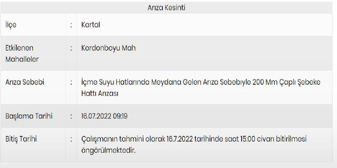İSKİ 16 Temmuz Arıza İSKİ 16 Temmuz Arıza
