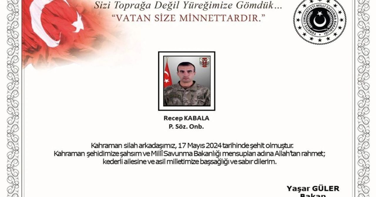 Pençe-Kaplan Operasyonu’ndan acı haber: Piyade Sözleşmeli Onbaşı Recep Kabala şehit oldu Pençe-Kaplan Operasyonu’ndan acı haber: Piyade Sözleşmeli Onbaşı Recep Kabala şehit oldu
