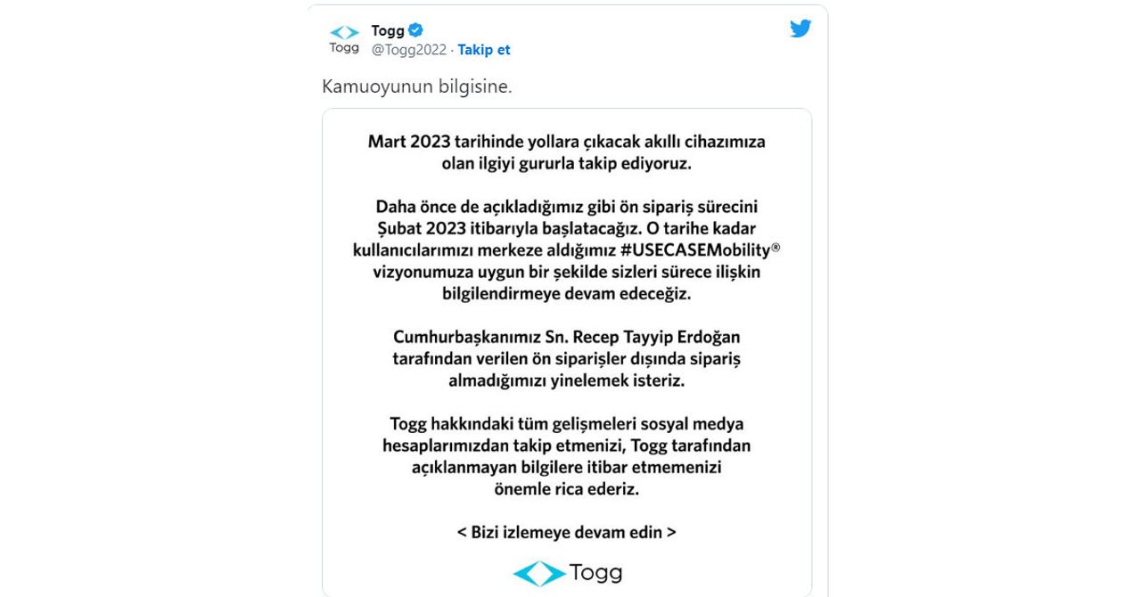 TOGG ön sipariş açıklaması TOGG ön sipariş açıklaması