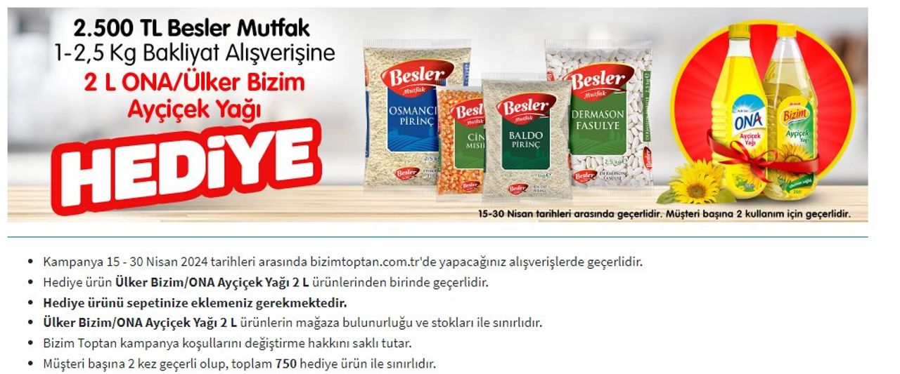 Toplu alışveriş yapan 2 litrelik ayçiçek yağını bedavadan alacak! 30 Nisan’a kadar geçerli Toplu alışveriş yapan 2 litrelik ayçiçek yağını bedavadan alacak! 30 Nisan’a kadar geçerli