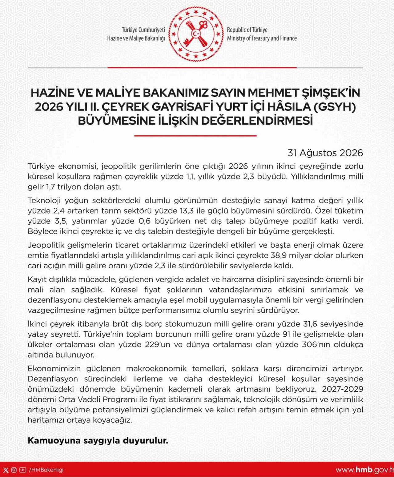 GAYRİ SAFİ YURT İÇİ HASILA (GSYH) SONUÇLARINA İLİŞKİN DEĞERLENDİRMEDE BULUNAN HAZİNE VE MALİYE...