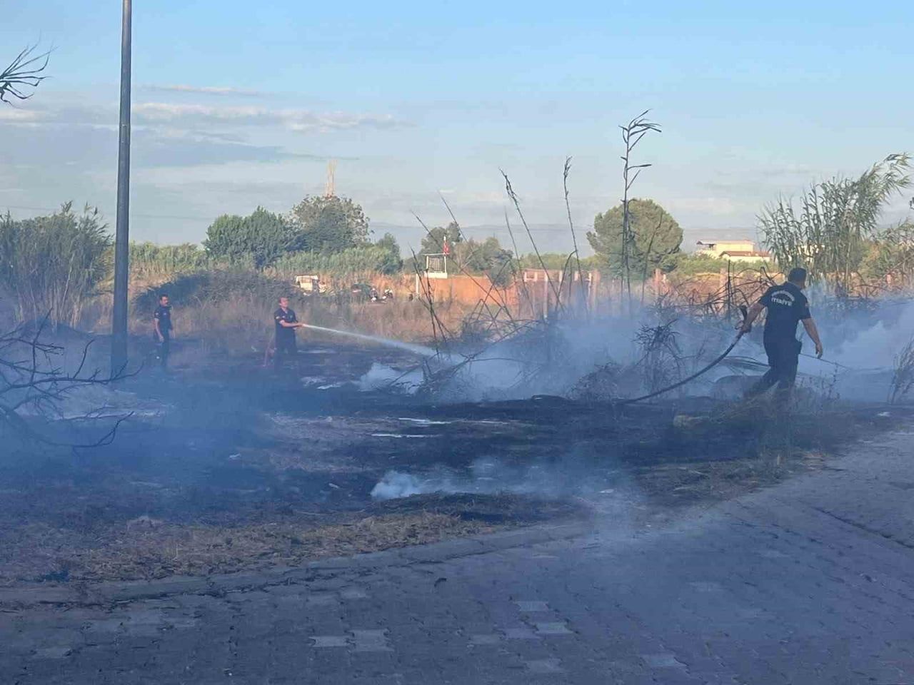 AYDIN'IN EFELER İLÇESİNDE BOŞ ARAZİDEKİ KURU OTLARIN TUTUŞMASI SONUCU ÇIKAN YANGINDA ALEVLER...