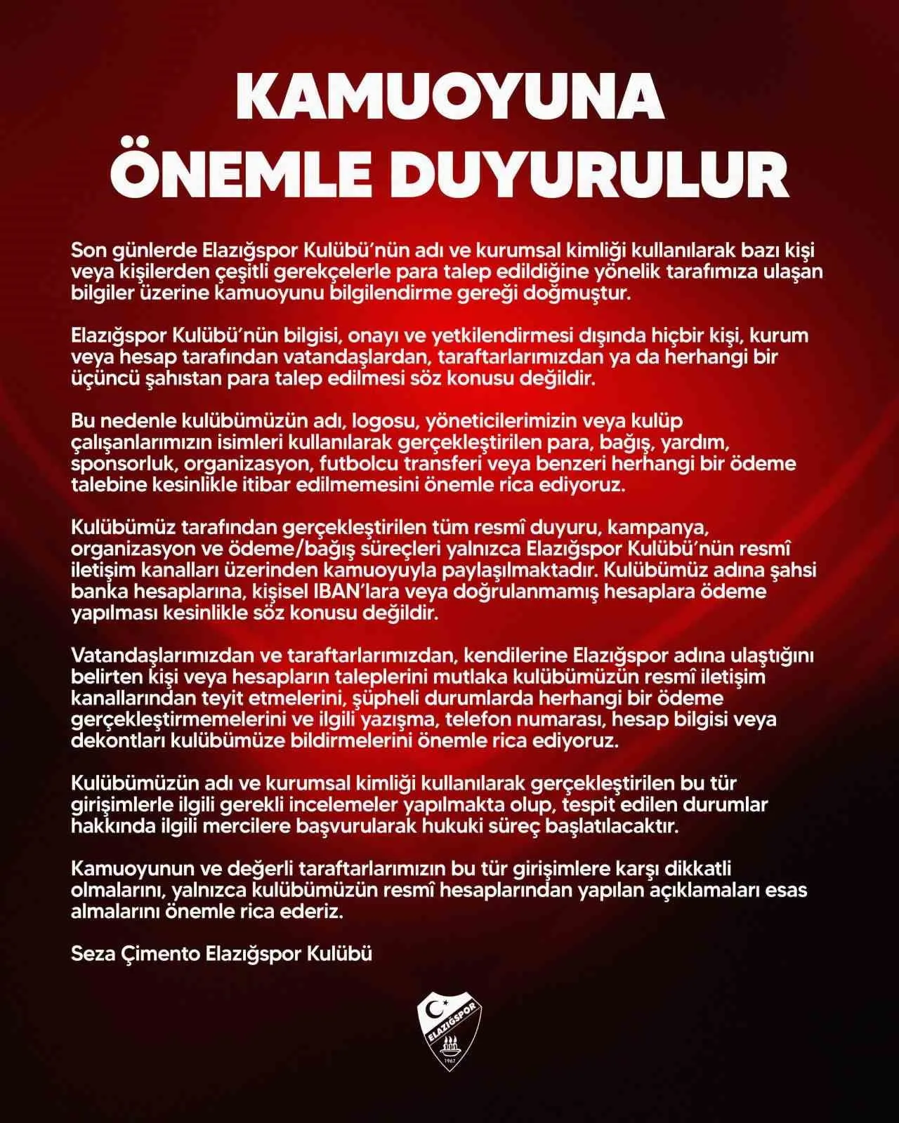 ELAZIĞSPOR'DAN DOLANDIRICILIK AÇIKLAMASI