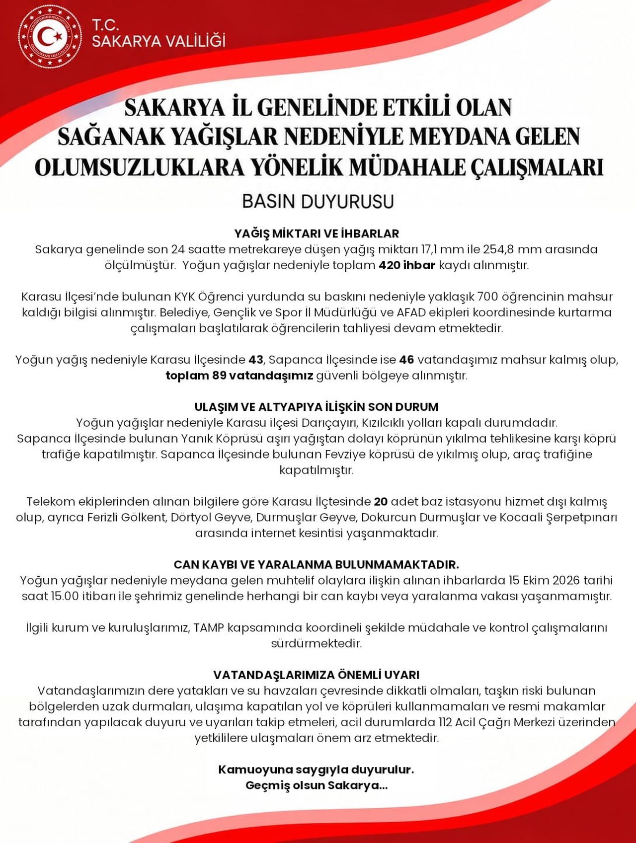 SAKARYA VALİLİĞİ YAĞIŞIN İLK BİLANÇOSUNU AÇIKLADI