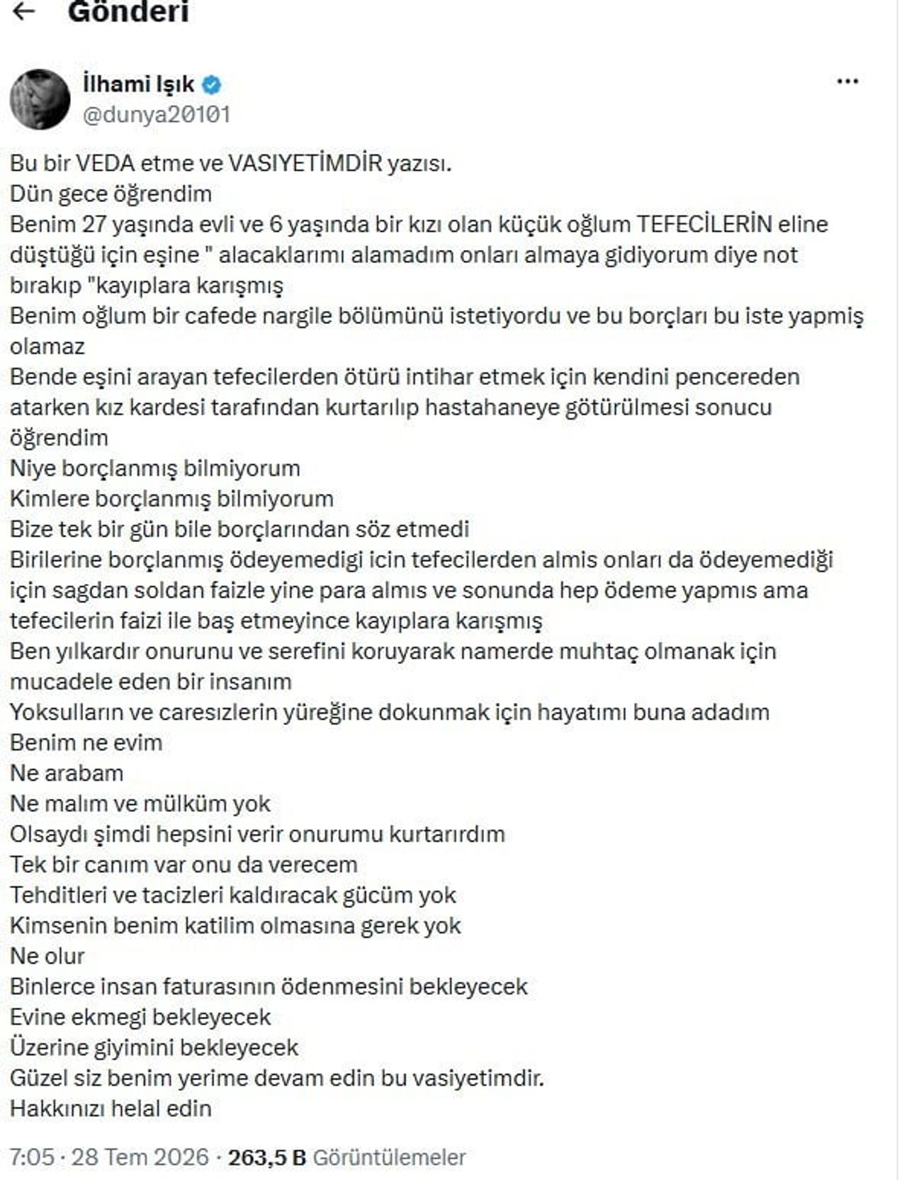 YAZAR İLHAMİ IŞIK, SOSYAL MEDYA HESABI ÜZERİNDEN YAPTIĞI PAYLAŞIMDA, "BU BİR VEDA ETME VE...
