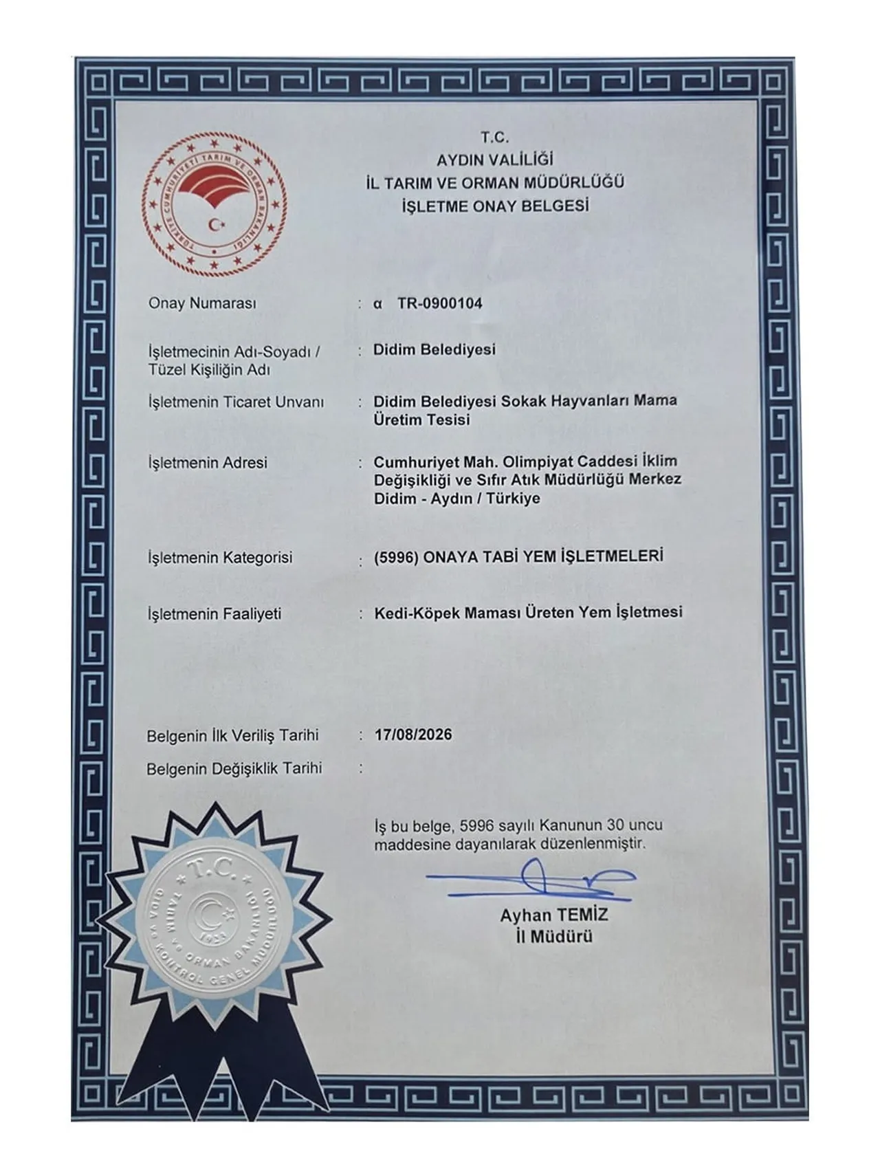 DİDİM’İN MAMA ÜRETİM TESİSİNE ONAY BELGESİ VERİLDİ