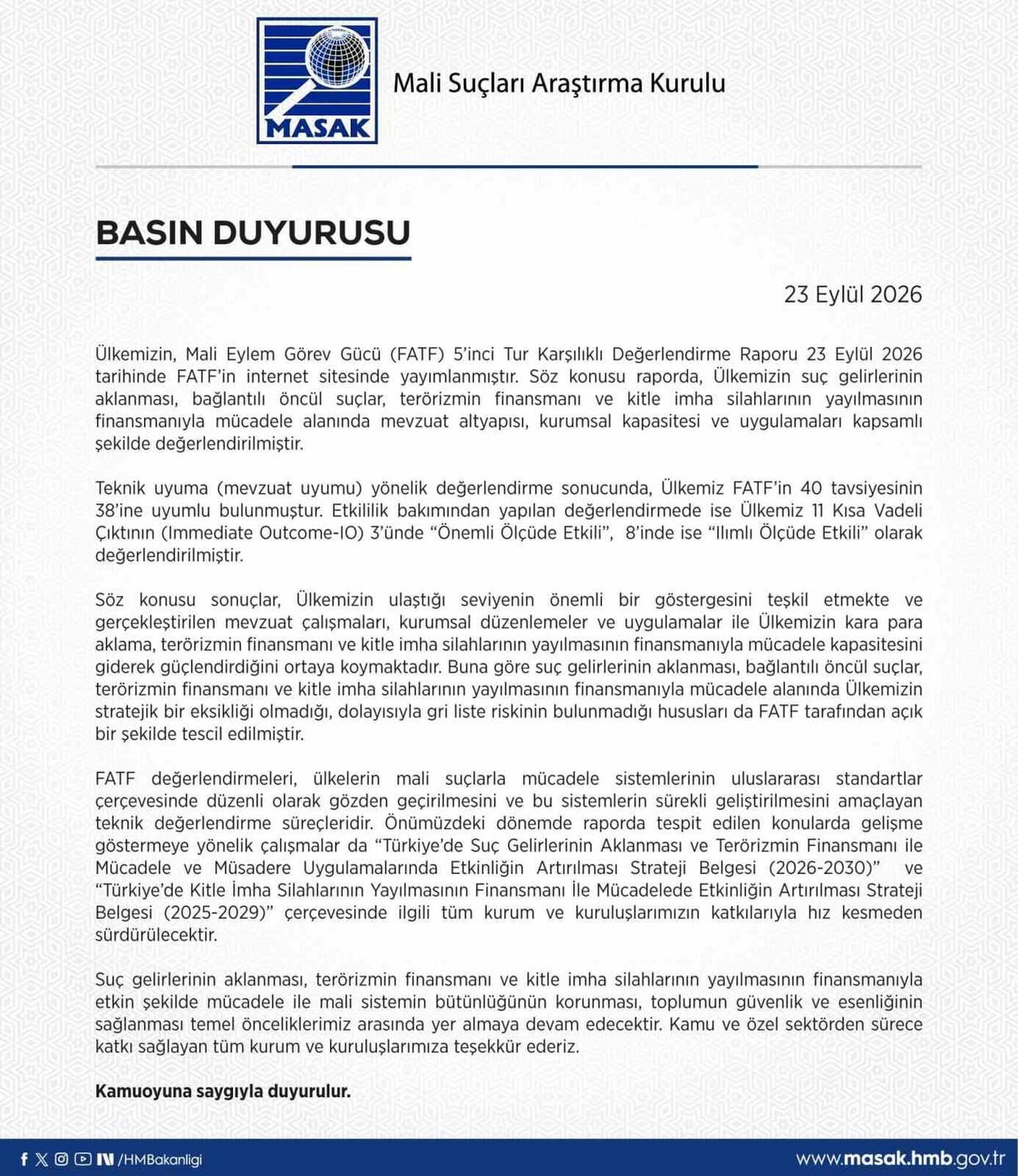 MALİ SUÇLARI ARAŞTIRMA KURULU (MASAK) TARAFINDAN YAPILAN AÇIKLAMADA, "ÜLKEMİZİN SUÇ GELİRLERİNİN...