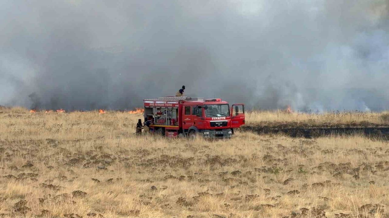 BURSA'DA YENİŞEHİR HAVALİMANI GİRİŞİNDE BULUNAN OTLUK ALANDA ÇIKAN YANGIN, KISA SÜRELİ PANİĞE...