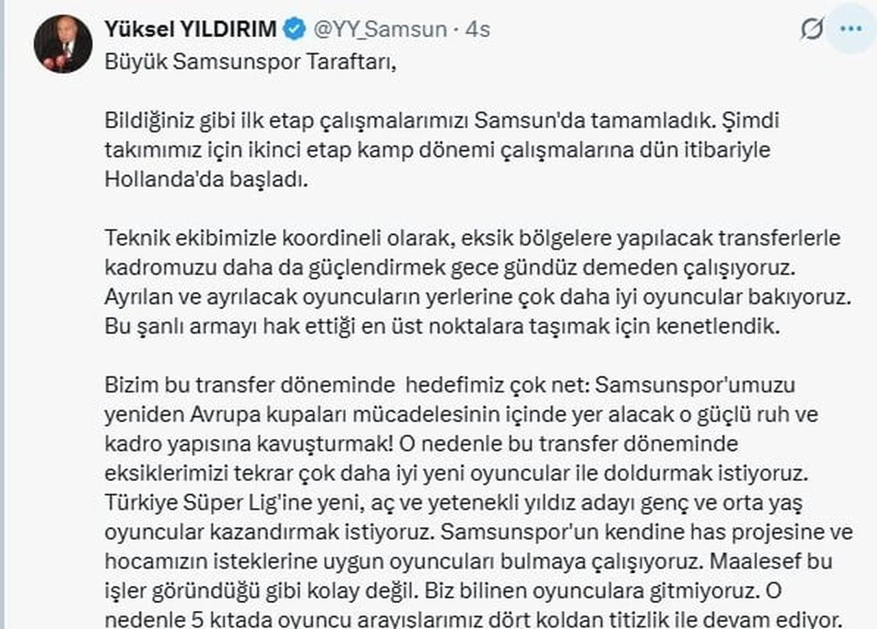 SÜPER LİG EKİPLERİNDEN SAMSUNSPOR’UN BAŞKANI YÜKSEL YILDIRIM, TAKIMDAN AYRILAN VE AYRILACAK...