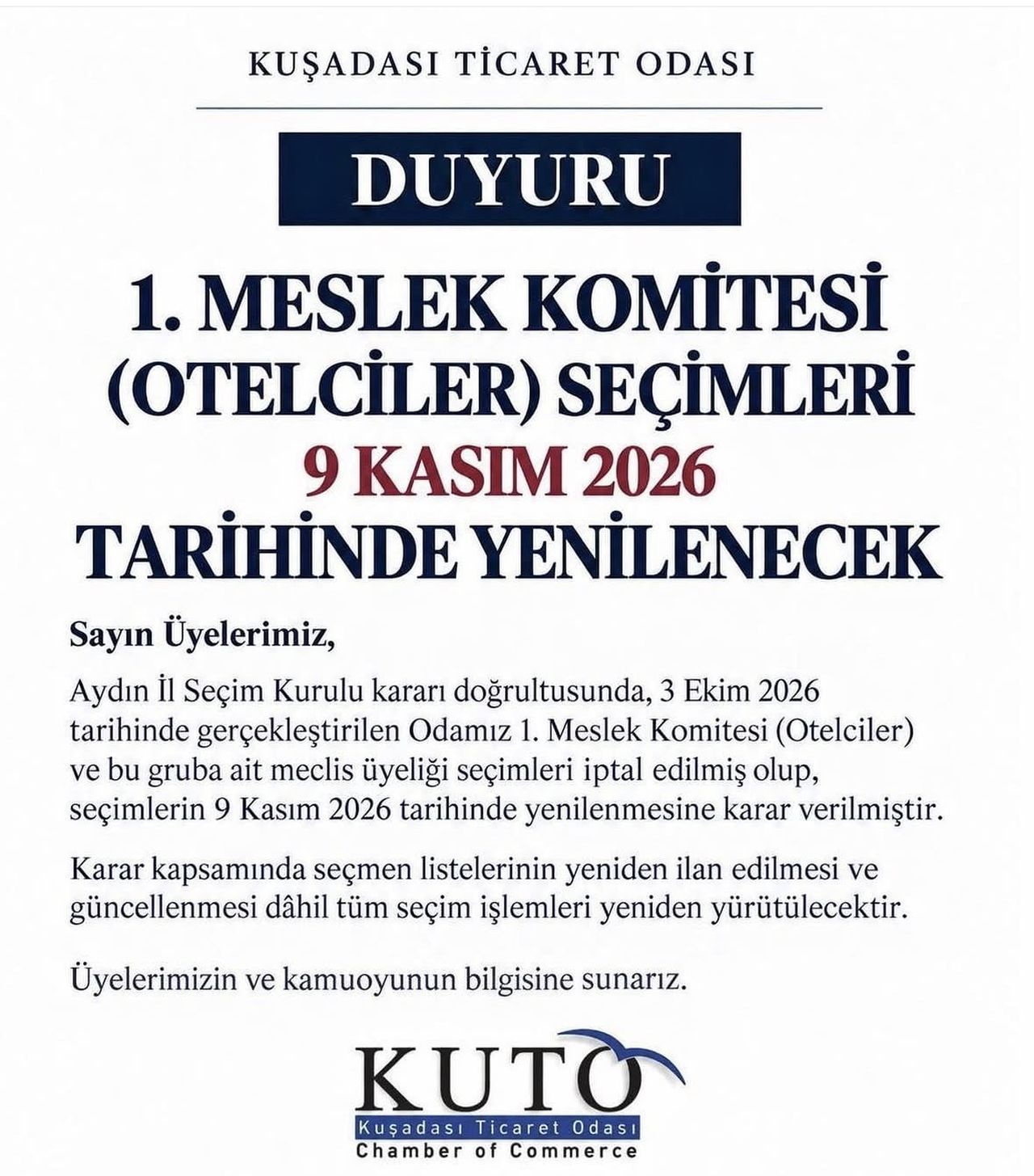 KUTO’DA OTELCİLER KOMİTESİ SEÇİMİ YENİLENECEK