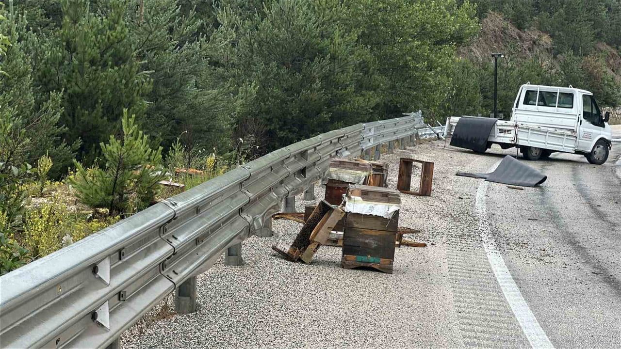 KASTAMONU’NUN DEVREKANİ İLÇESİNDE ARI KOVANI YÜKLÜ KAMYONET DEMİR BARİYERLERE ÇARPTI. KAZADA...