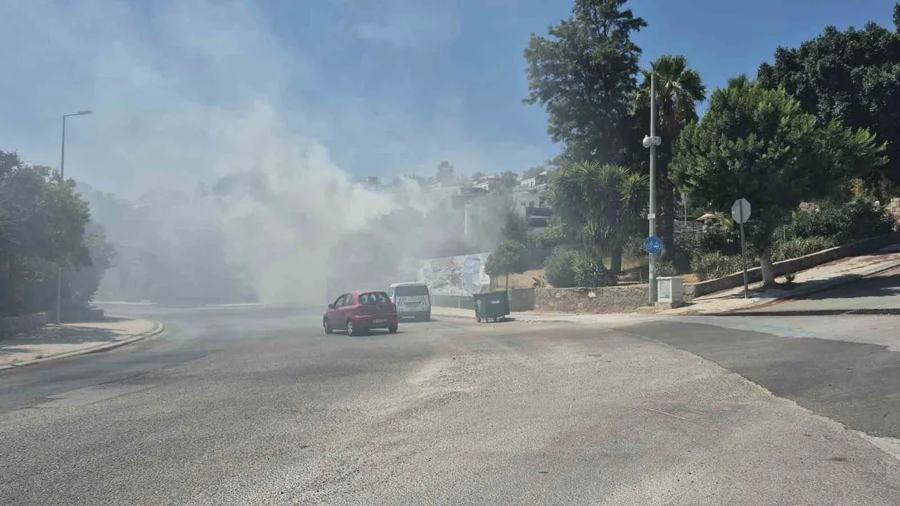 MUĞLA’NIN BODRUM İLÇESİNDE BİR SİTENİN KENARINDAKİ OTLUK VE AĞAÇLIK ALANDA ÇIKAN YANGIN, İTFAİYE...