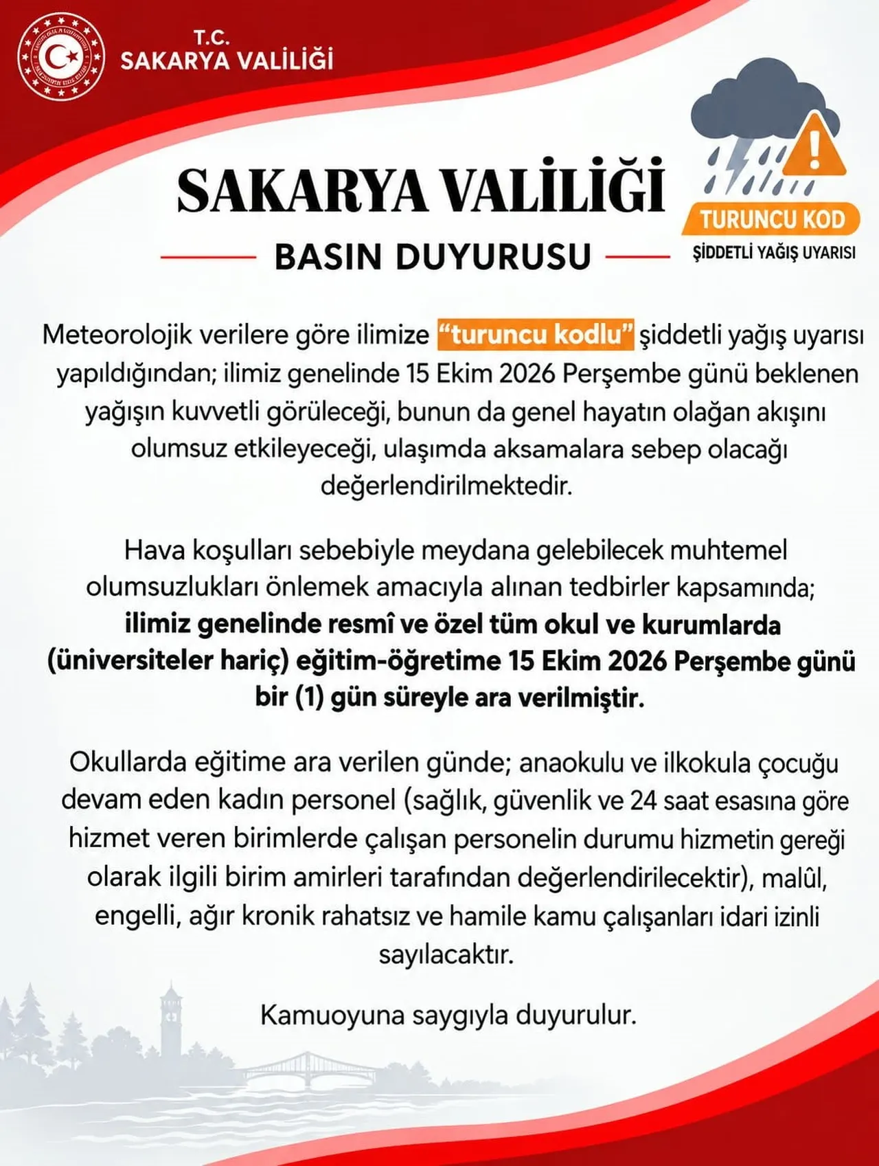 METEOROLOJİ GENEL MÜDÜRLÜĞÜNÜN SAKARYA İÇİN YAPTIĞI TURUNCU KODLU ŞİDDETLİ YAĞIŞ UYARISININ...