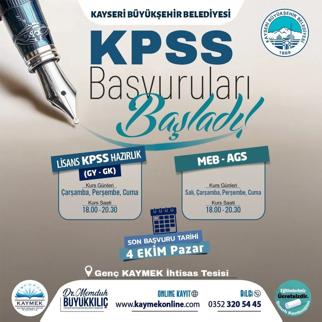 KAYSERİ BÜYÜKŞEHİR BELEDİYESİ BÜNYESİNDE FAALİYET GÖSTEREN KAYMEK TARAFINDAN DÜZENLENECEK KPSS VE...