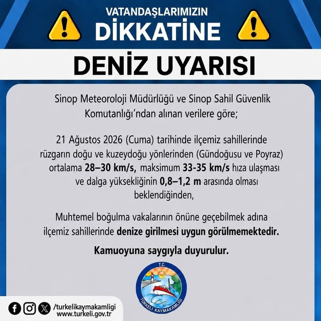 SİNOP’UN TÜRKELİ İLÇESİNDE BEKLENEN OLUMSUZ HAVA KOŞULLARI VE KUVVETLİ RÜZGAR NEDENİYLE...