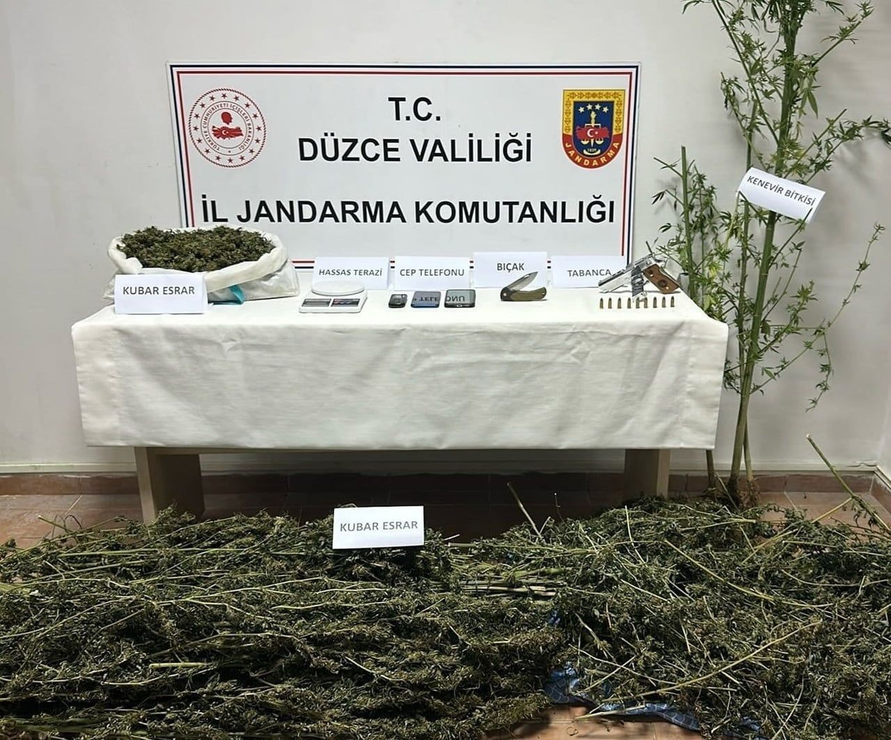 DÜZCE’DE JANDARMA EKİPLERİ TARAFINDAN YAPILAN UYUŞTURUCU OPERASYONUNDA KUBAR ESRAR, KENEVİR...