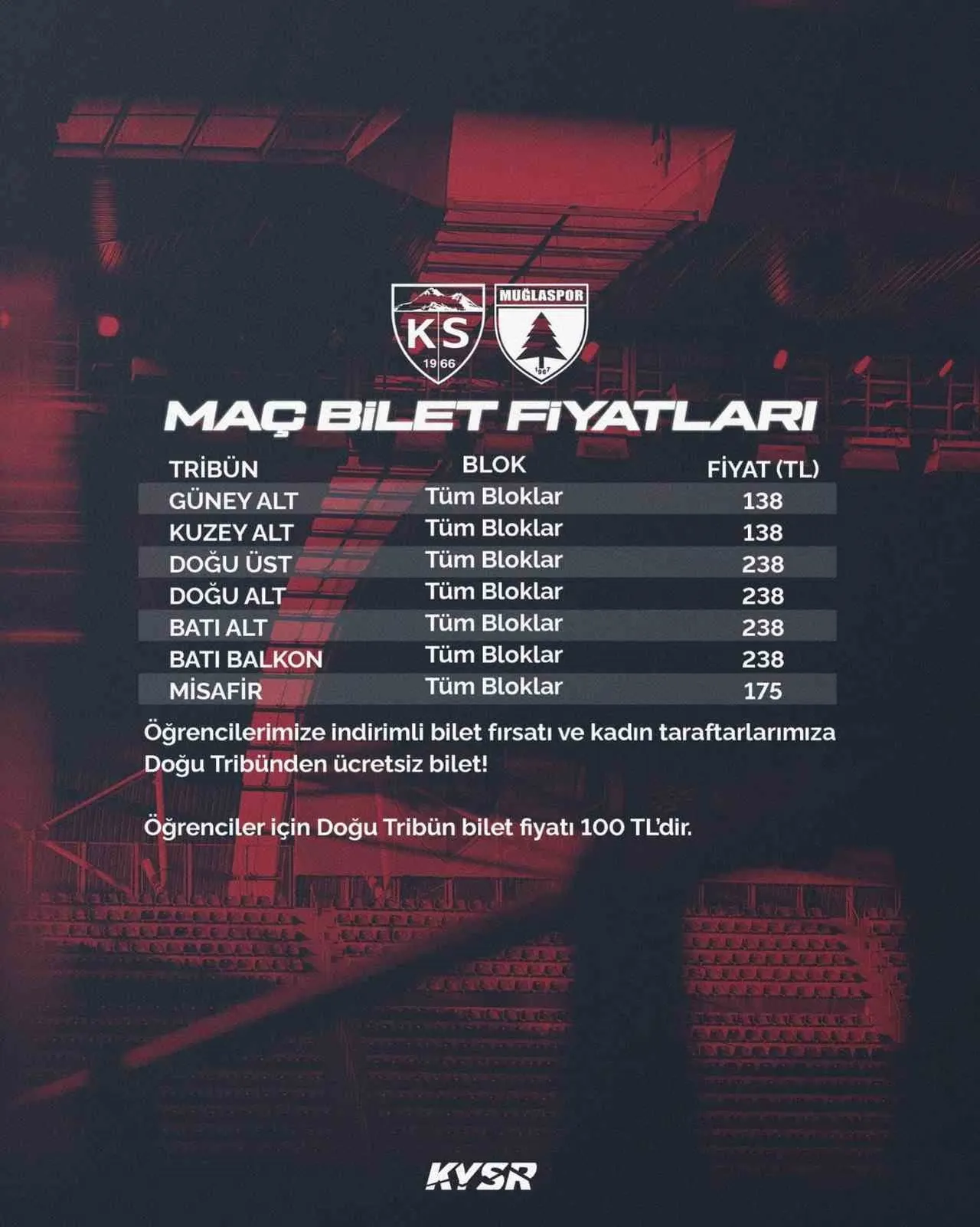 TFF 1. LİG'DE KAYSERİSPOR İLE MUĞLASPOR ARASINDA OYNANACAK MÜSABAKANIN BİLET FİYATLARI BELLİ...