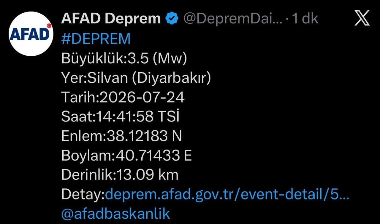 AFAD'IN SOSYAL MEDYA HESABINDAN YAPILAN PAYLAŞIMDA, MERKEZ ÜSSÜ SİLVAN İLÇESİNDE YERİN 13.09...