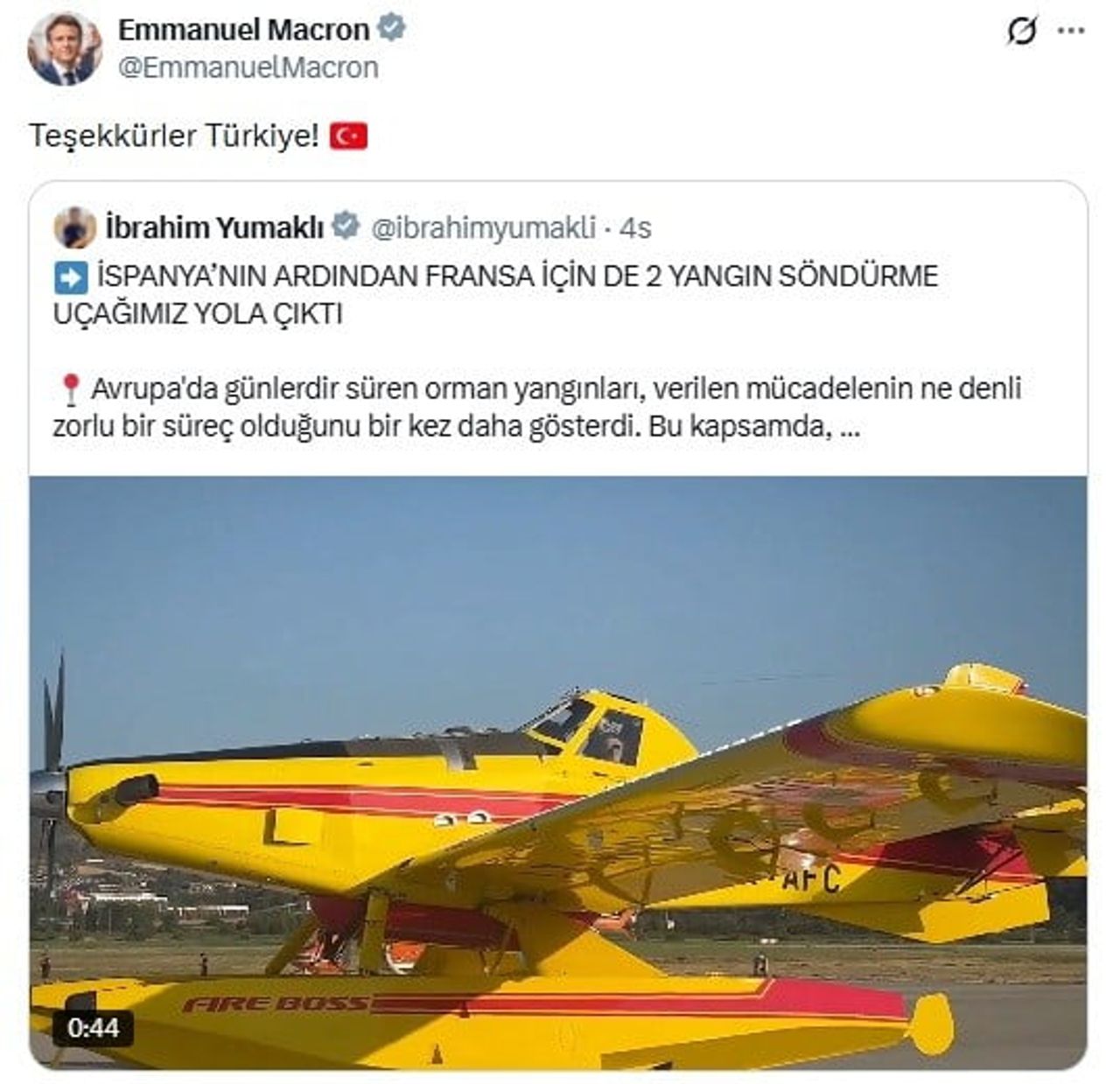FRANSA CUMHURBAŞKANI EMMANUEL MACRON, TÜRKİYE'NİN FRANSA'DAKİ YANGINLARLA MÜCADELEYE DESTEK...