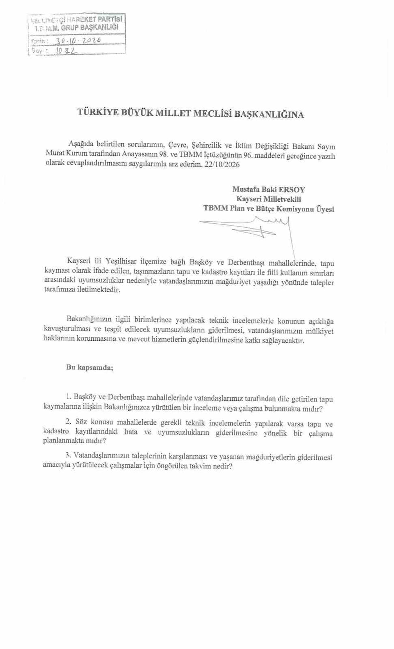 MİLLİYETÇİ HAREKET PARTİSİ (MHP) KAYSERİ MİLLETVEKİLİ BAKİ ERSOY, YEŞİLHİSAR İLÇESİ BAŞKÖY VE...
