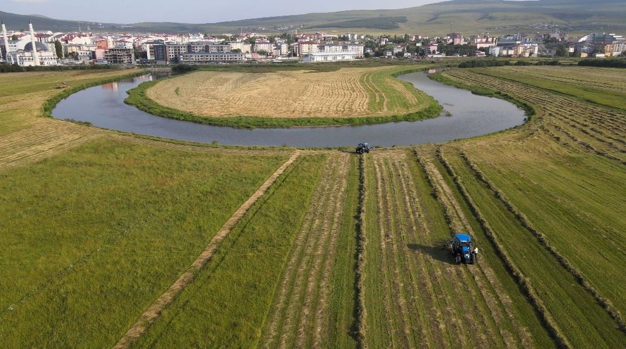 ARDAHAN'DA HASAT MESAİSİ HAVADAN GÖRÜNTÜLENDİ.