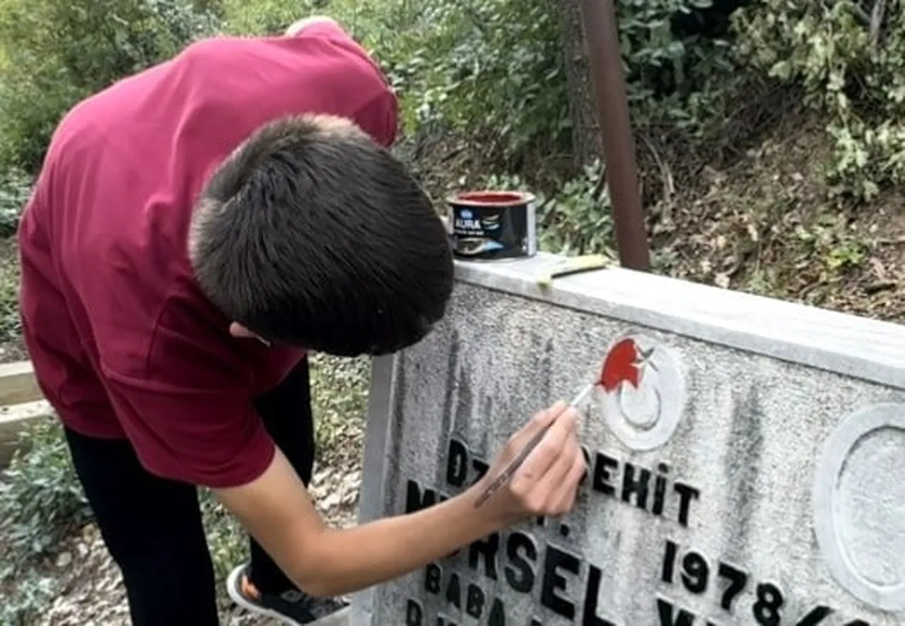 ADANA’NIN FEKE İLÇESİNDE ÖĞRENCİLER, YAĞIŞLAR NEDENİYLE ZAMANLA AŞINAN ŞEHİT MEZARLARINDAKİ...