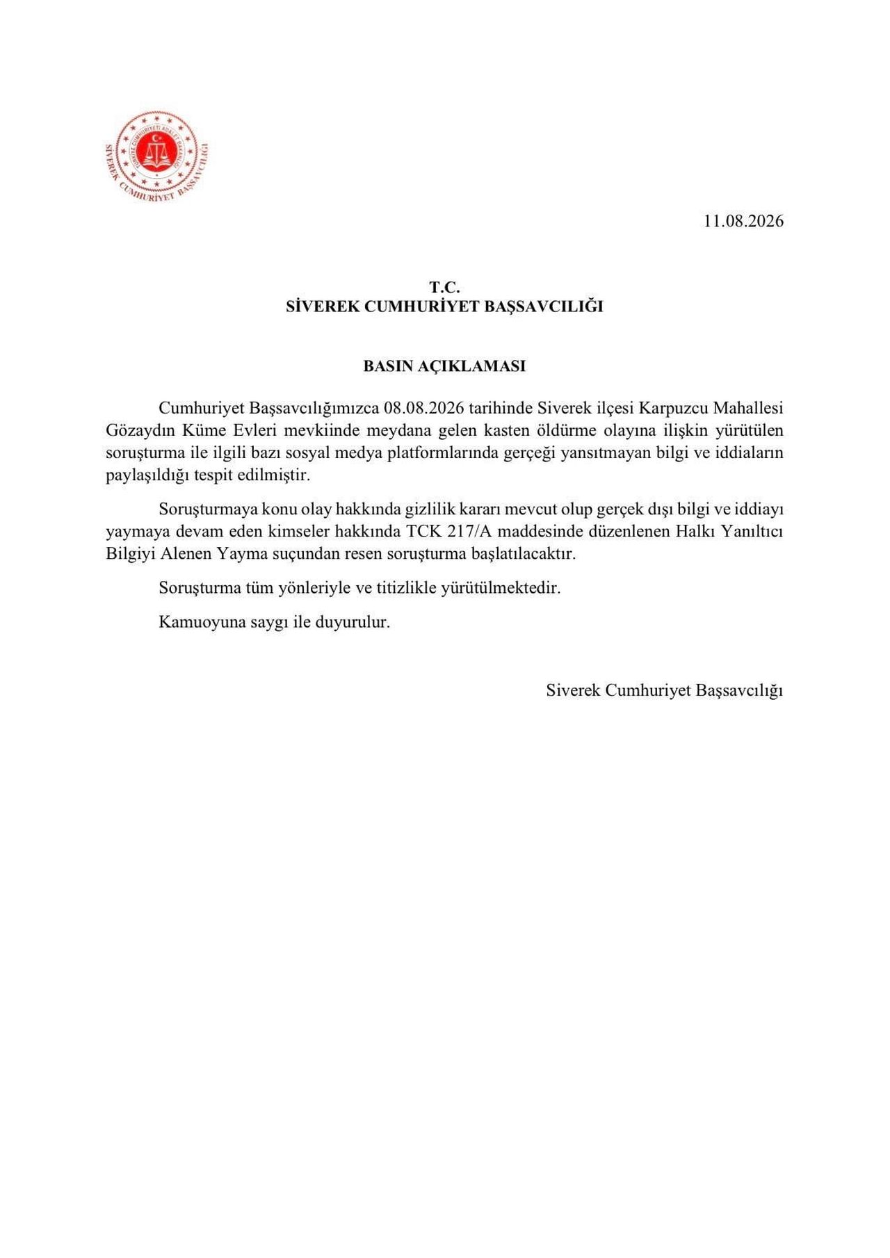 SİVEREK CUMHURİYET BAŞSAVCILIĞINDAN "GERÇEĞİ YANSITMAYAN BİLGİ" UYARISI