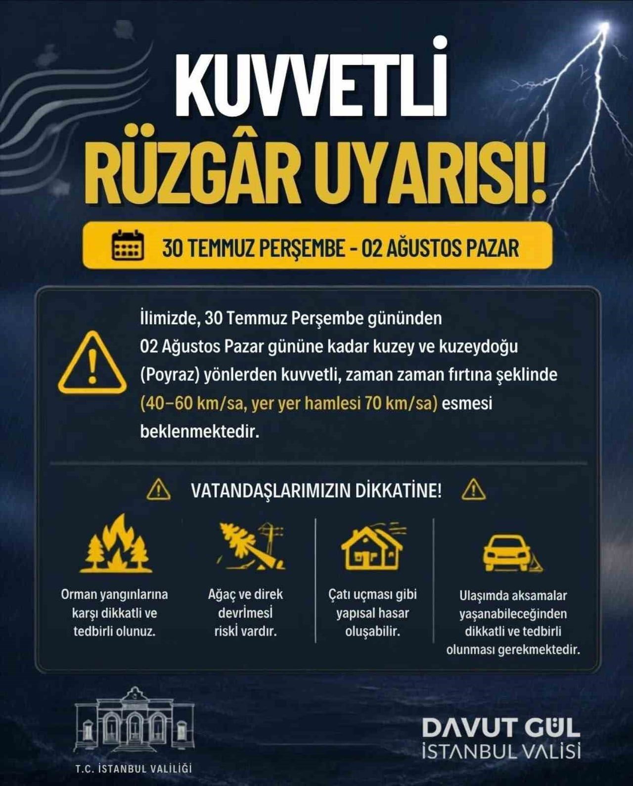 VALİLİK, ORMAN YANGINLARI BAŞTA OLMAK ÜZERE AĞAÇ VE DİREK DEVRİLMESİ, ÇATI UÇMASI İLE ULAŞIMDA...