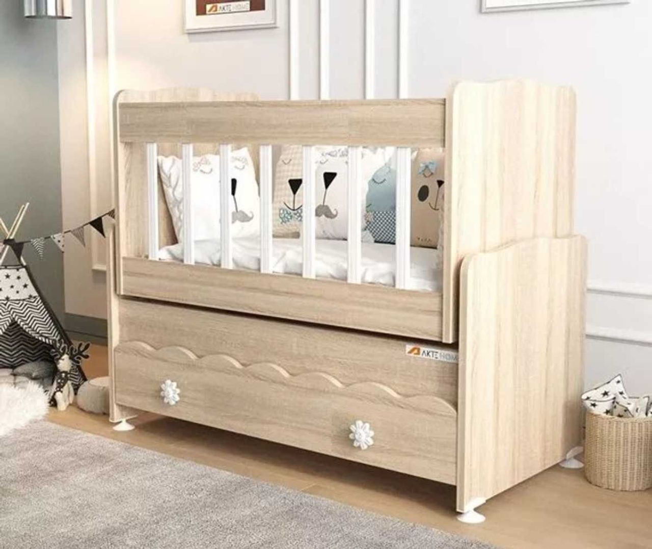 Aktehome Çekmeceli Sallanır Anne Yanı Ahşap Bebek Beşiği Sonoma,