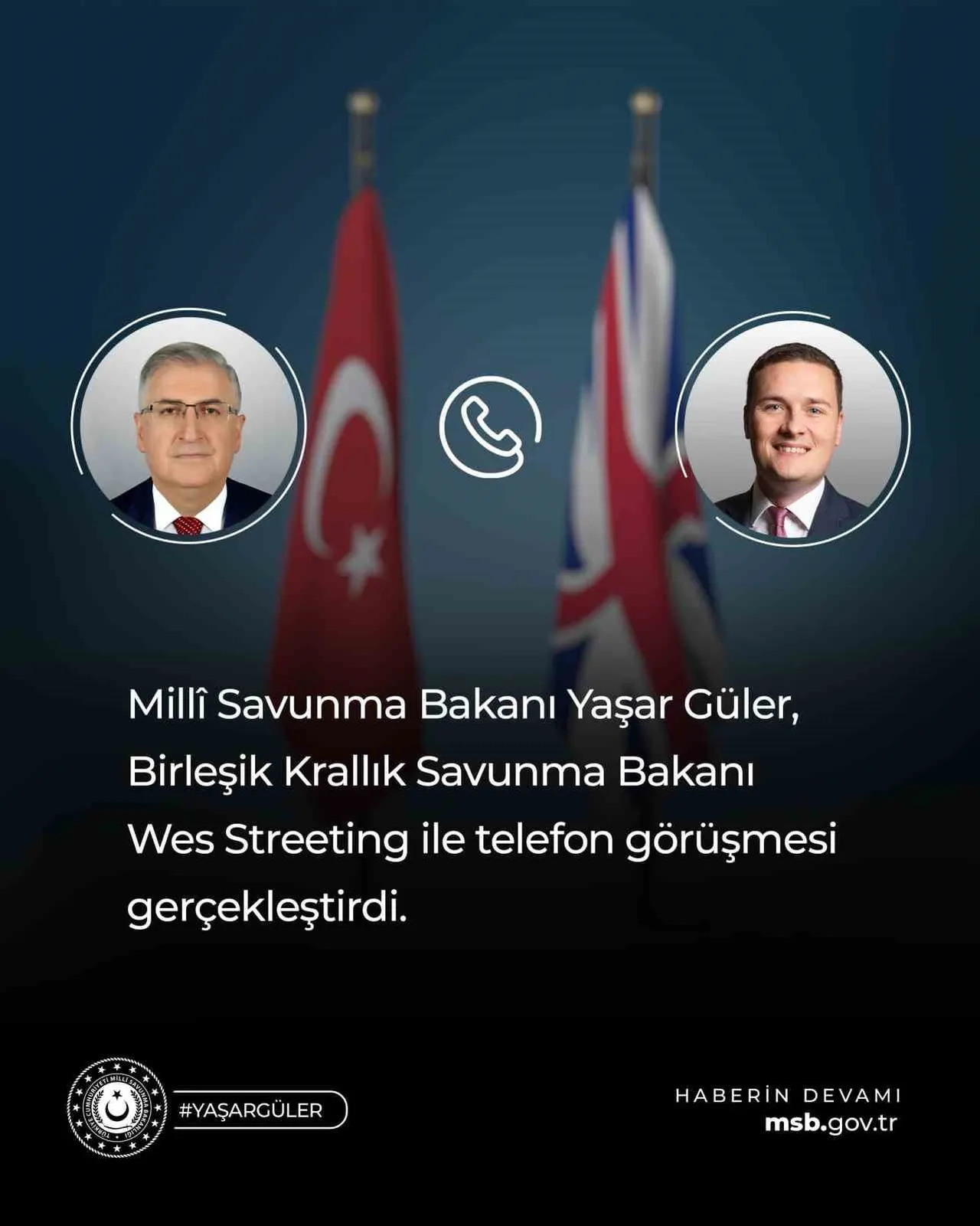 MİLLİ SAVUNMA BAKANI YAŞAR GÜLER, BİRLEŞİK KRALLIK SAVUNMA BAKANI WES STREETİNG İLE TELEFONDA...