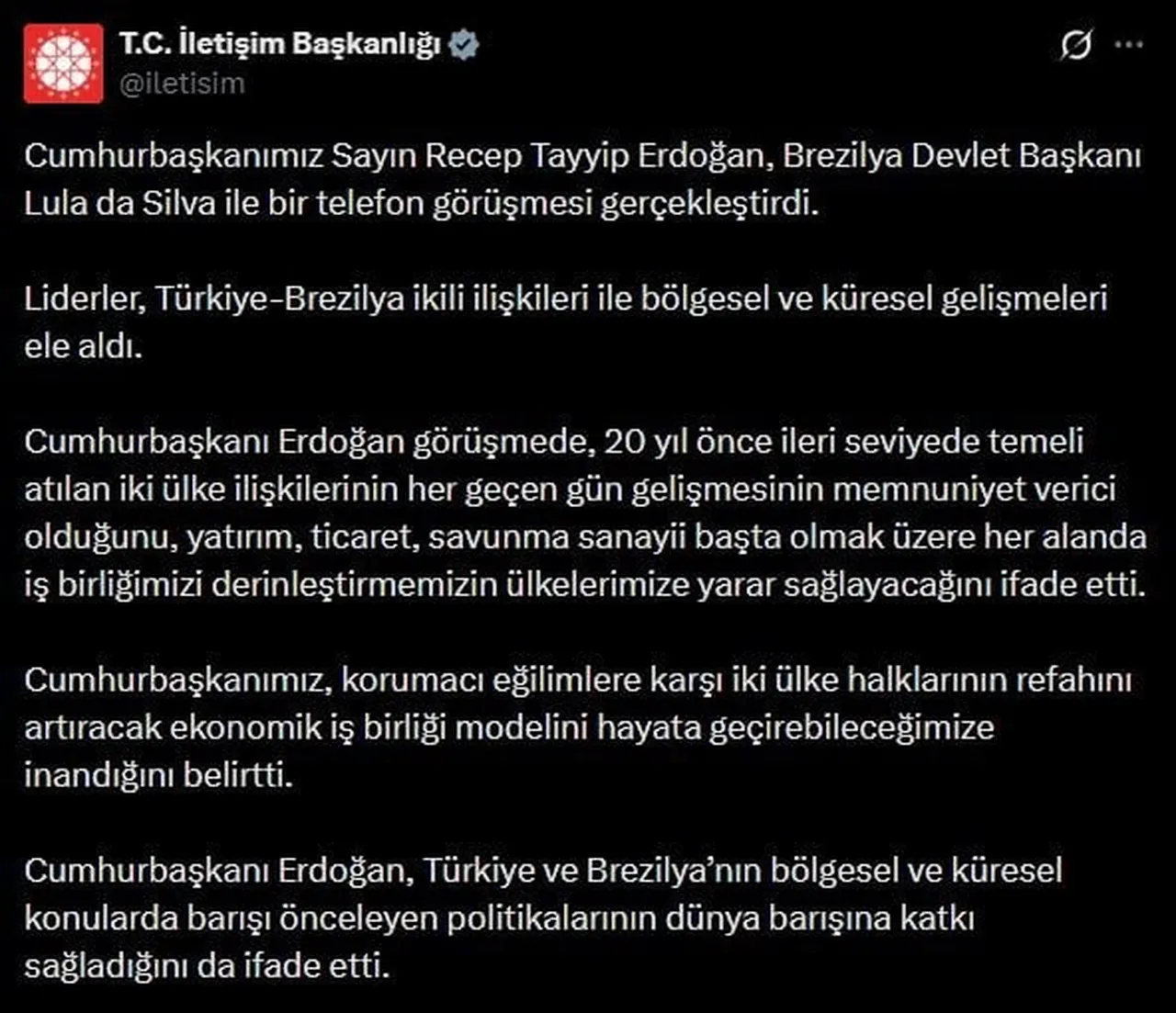 CUMHURBAŞKANI RECEP TAYYİP ERDOĞAN, BREZİLYA DEVLET BAŞKANI LULA DA SİLVA İLE TELEFON GÖRÜŞMESİ...