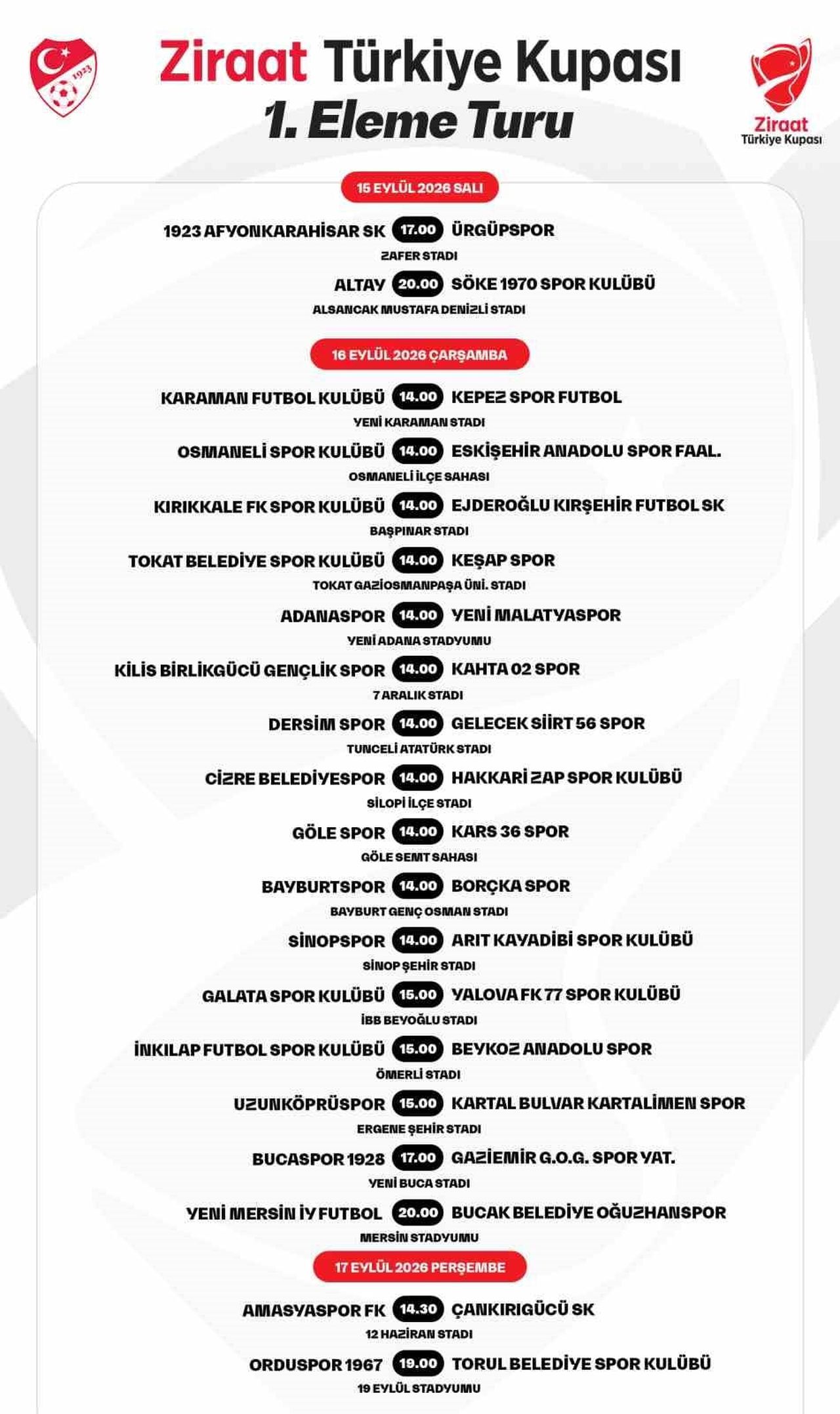 ZİRAAT TÜRKİYE KUPASI 1. ELEME TURUNDA OYNANACAK MÜSABAKALARIN PROGRAMI BELLİ OLDU.