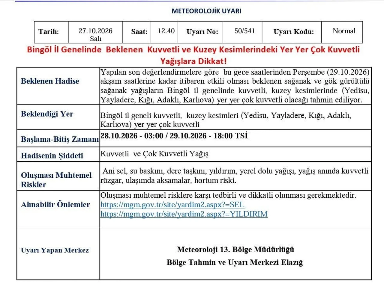METEOROLOJİ 13. BÖLGE MÜDÜRLÜĞÜ, BİNGÖL İÇİN KUVVETLİ YAĞIŞ UYARISI YAPTI