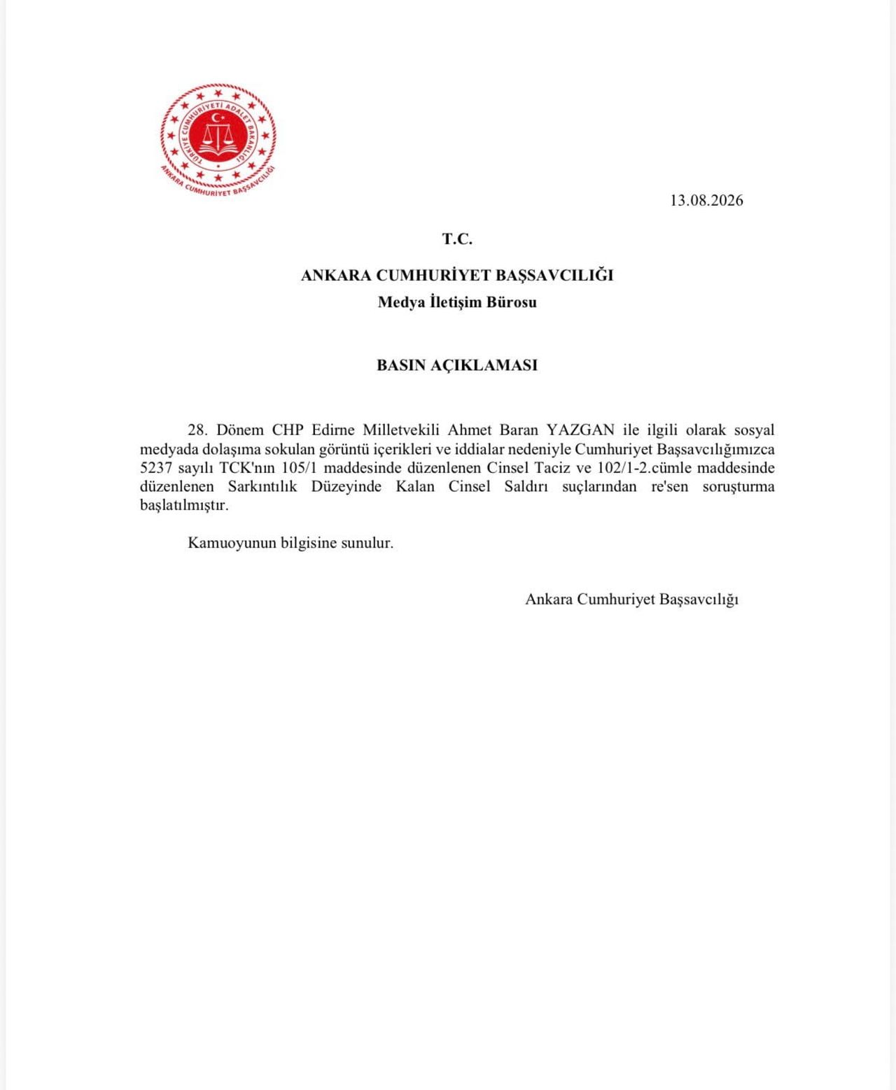 ANKARA CUMHURİYET BAŞSAVCILIĞI TARAFINDAN, 28. DÖNEM CHP EDİRNE MİLLETVEKİLİ AHMET BARAN YAZGAN...