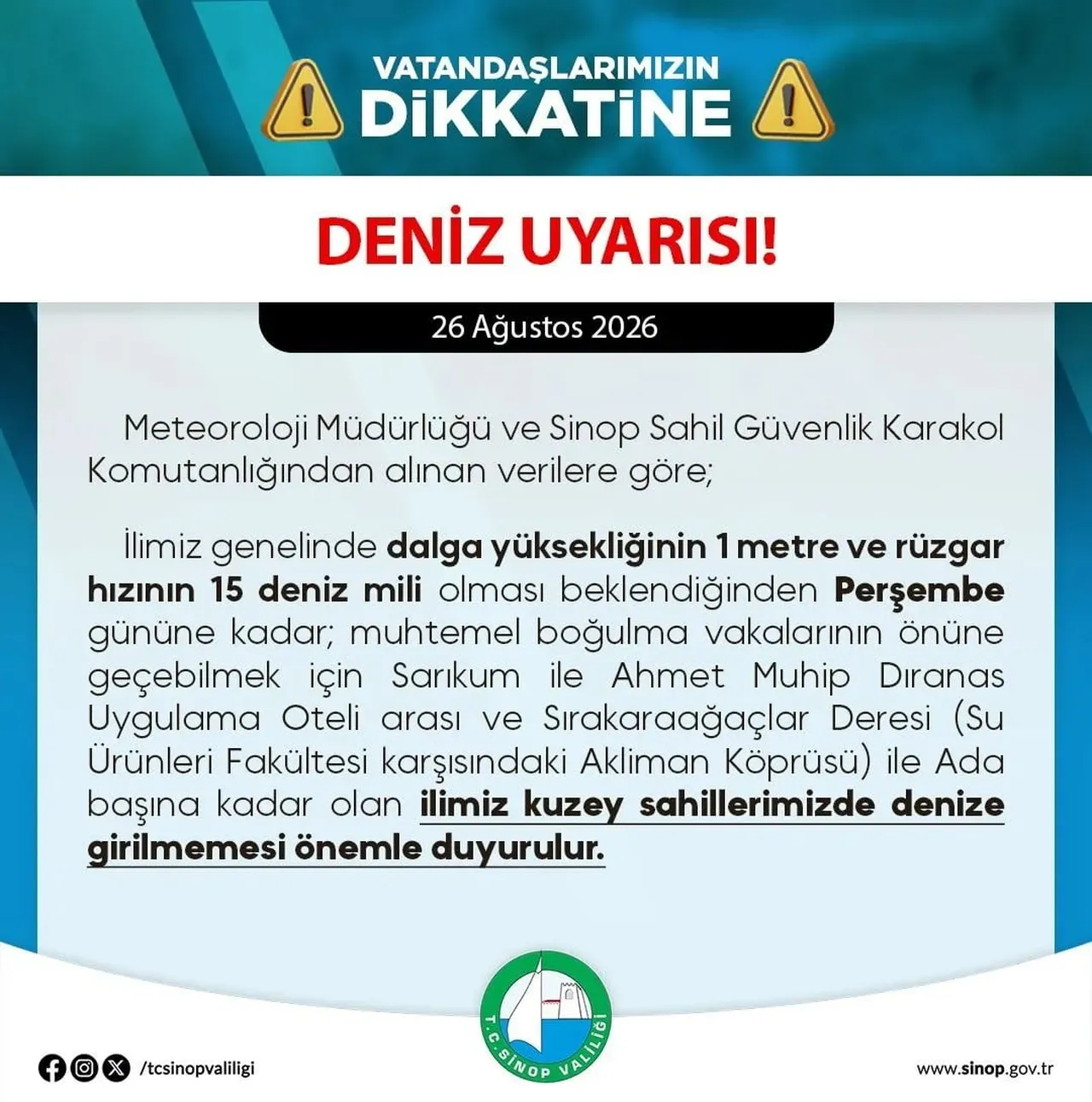 SİNOP’TA OLUMSUZ DENİZ ŞARTLARI NEDENİYLE KUZEY SAHİLLERİNDE DENİZE GİRİLMEMESİ KONUSUNDA UYARI...