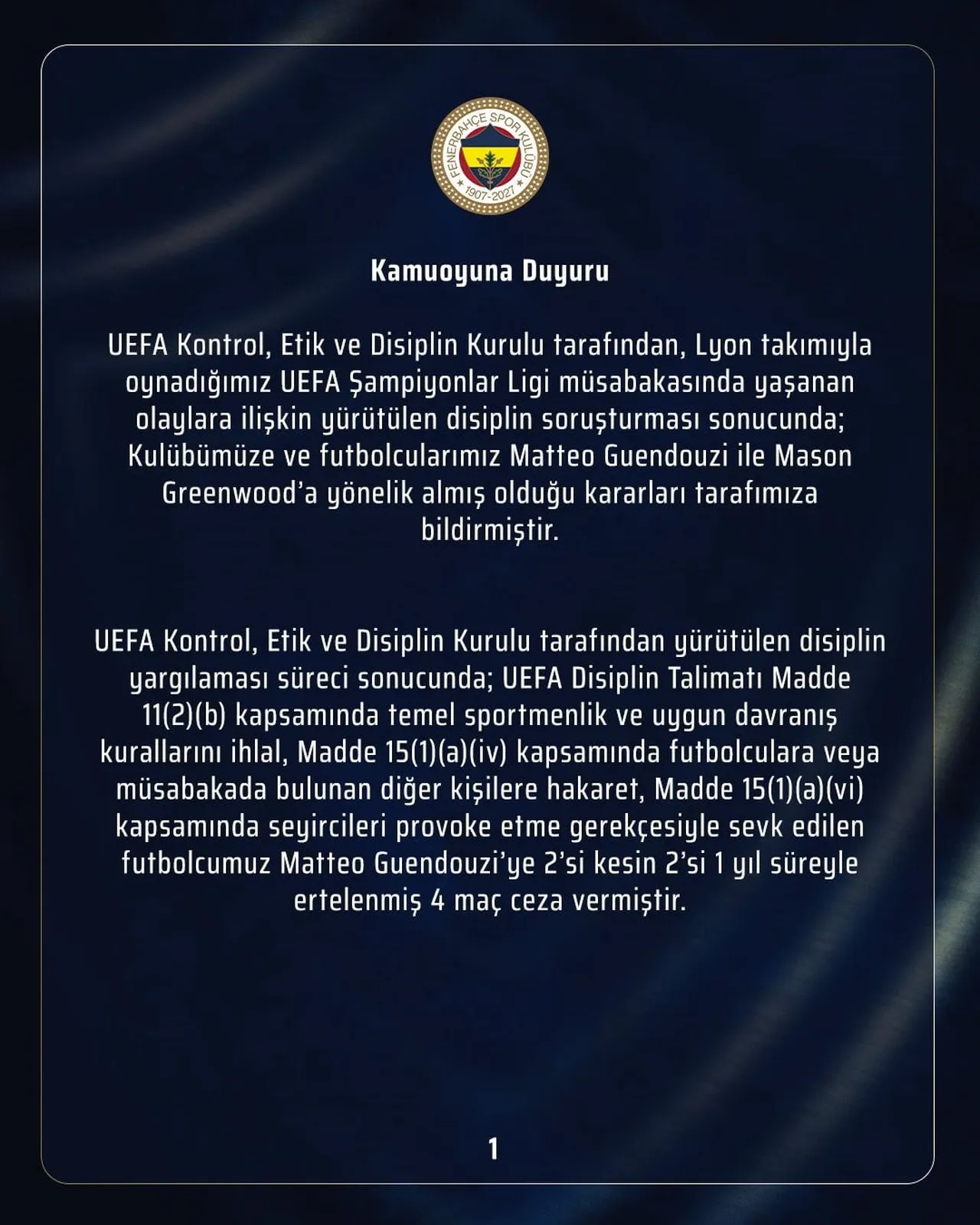 FENERBAHÇE KULÜBÜ, LYON İLE OYNADIKLARI UEFA ŞAMPİYONLAR LİGİ PLAY-OFF TURU MAÇINDA YAŞANAN...