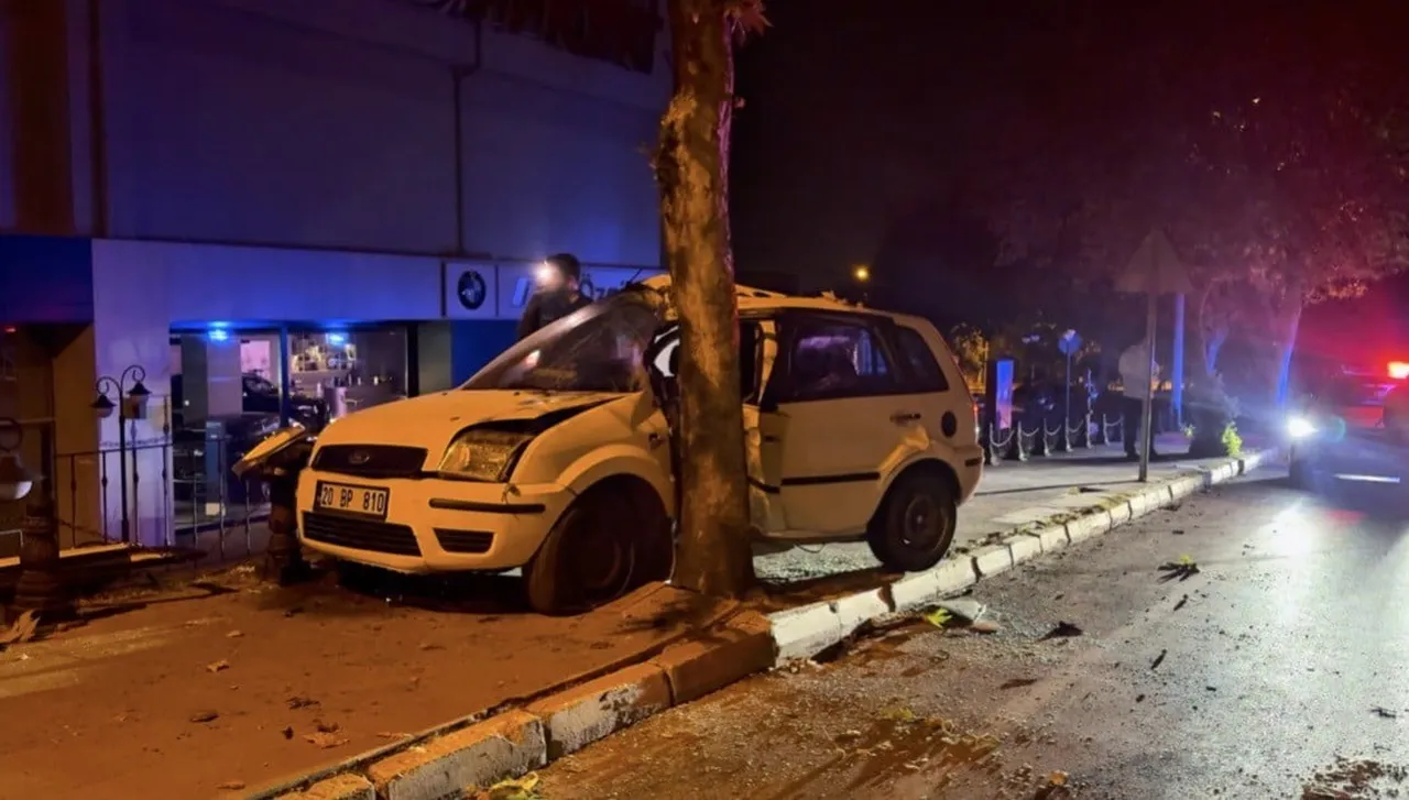 DENİZLİ’DE KONTROLDEN ÇIKAN OTOMOBİL, ÖNCE KALDIRIMA ARDINDAN AĞACA ÇARPARAK DURABİLDİ. KAZADA...