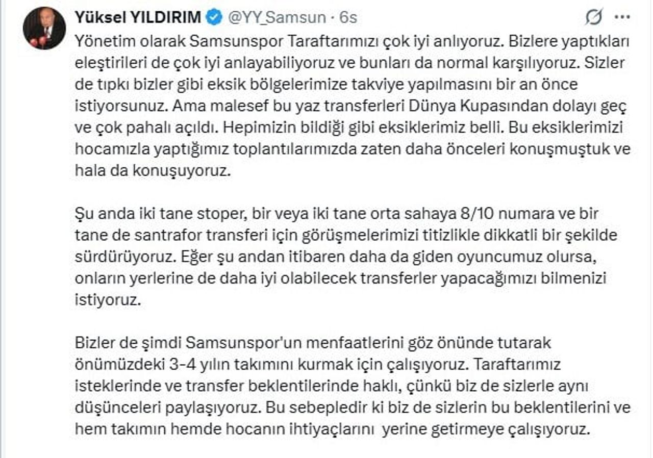 SAMSUNSPOR BAŞKANI YÜKSEL YILDIRIM'IN AÇIKLAMASI