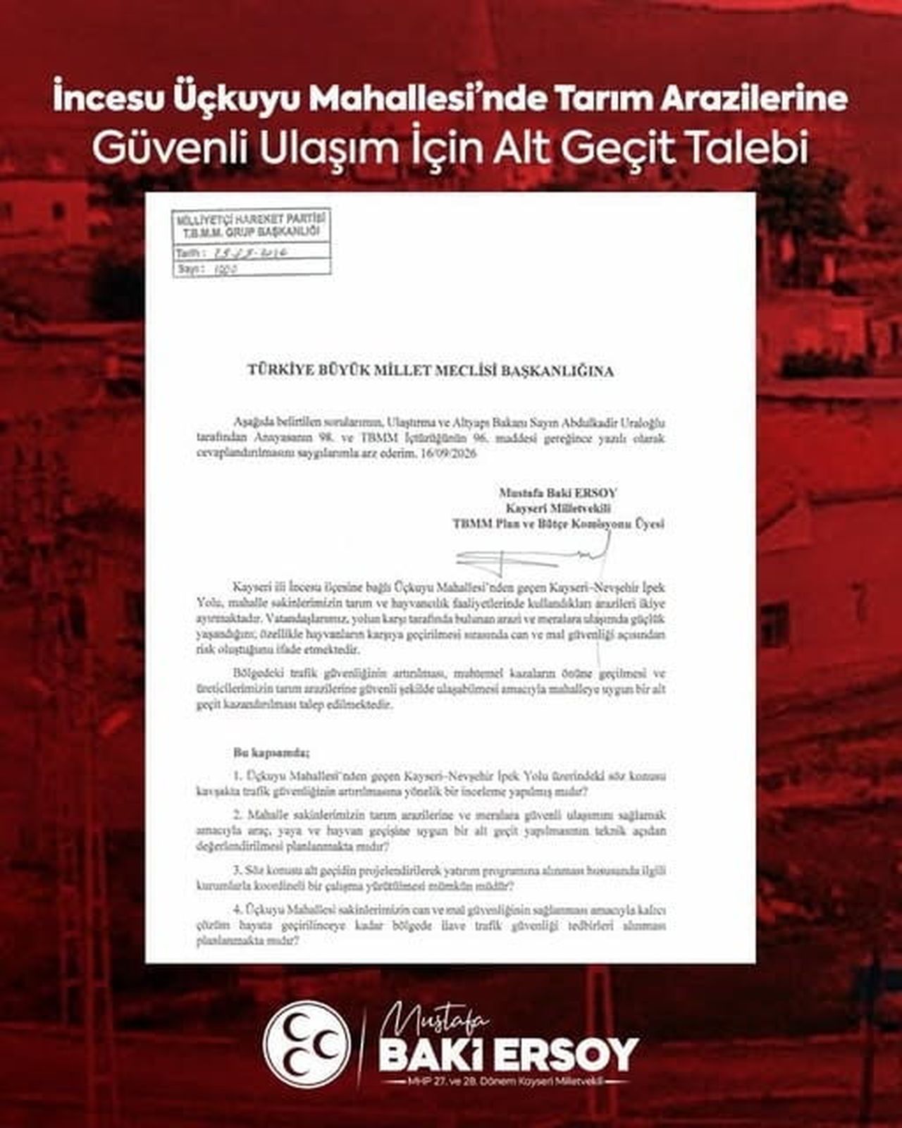 MİLLİYETÇİ HAREKET PARTİSİ (MHP) KAYSERİ MİLLETVEKİLİ BAKİ ERSOY, İNCESU İLÇESİNDE TARIM ARAZİLERİ...