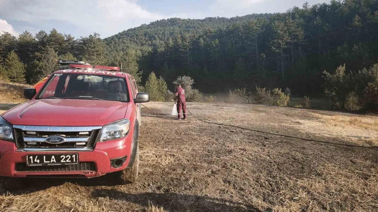 BOLU’NUN MUDURNU İLÇESİNDE BİR TARLADA ÇIKAN ANIZ YANGINI, KÖYLÜLERİN TRAKTÖRLERİNE BAĞLI SU...