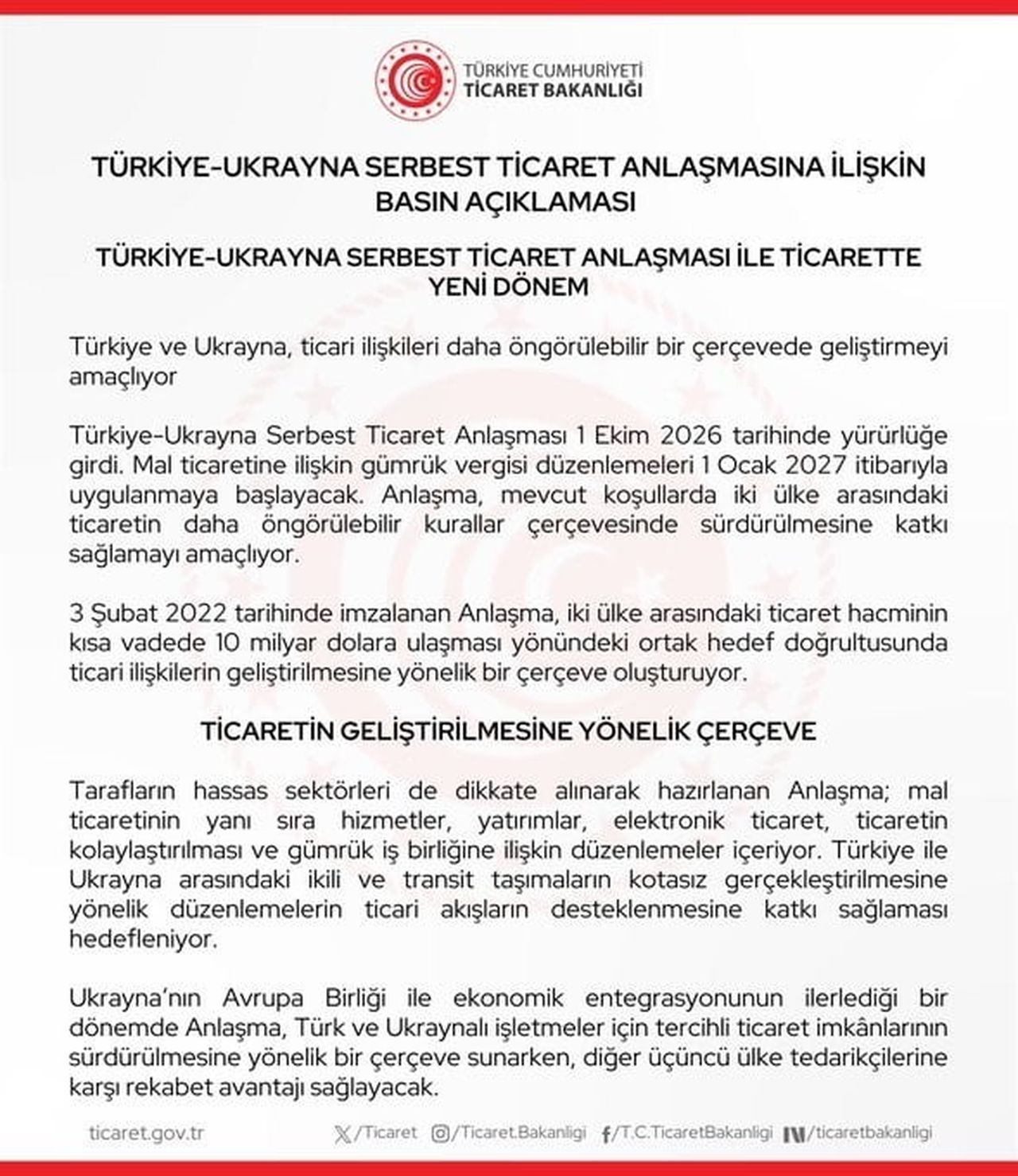 TİCARET BAKANLIĞI TARAFINDAN, TÜRKİYE-UKRAYNA SERBEST TİCARET ANLAŞMASI 1 EKİM 2026 TARİHİNDE...