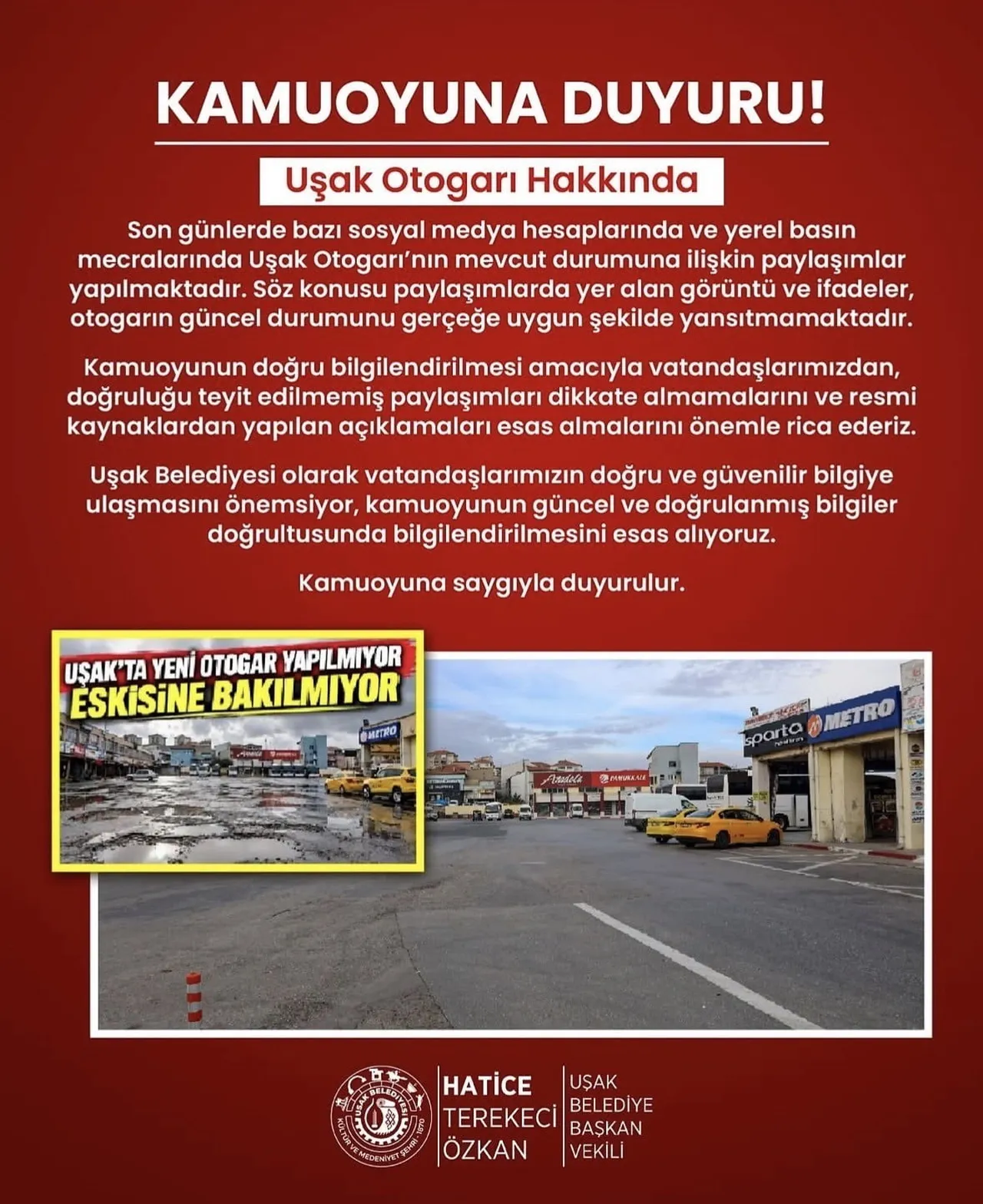 UŞAK BELEDİYE BAŞKAN VEKİLİ HATİCE TEREKECİ ÖZKAN’IN SOSYAL MEDYA ÜZERİNDEN YAPTIĞI...