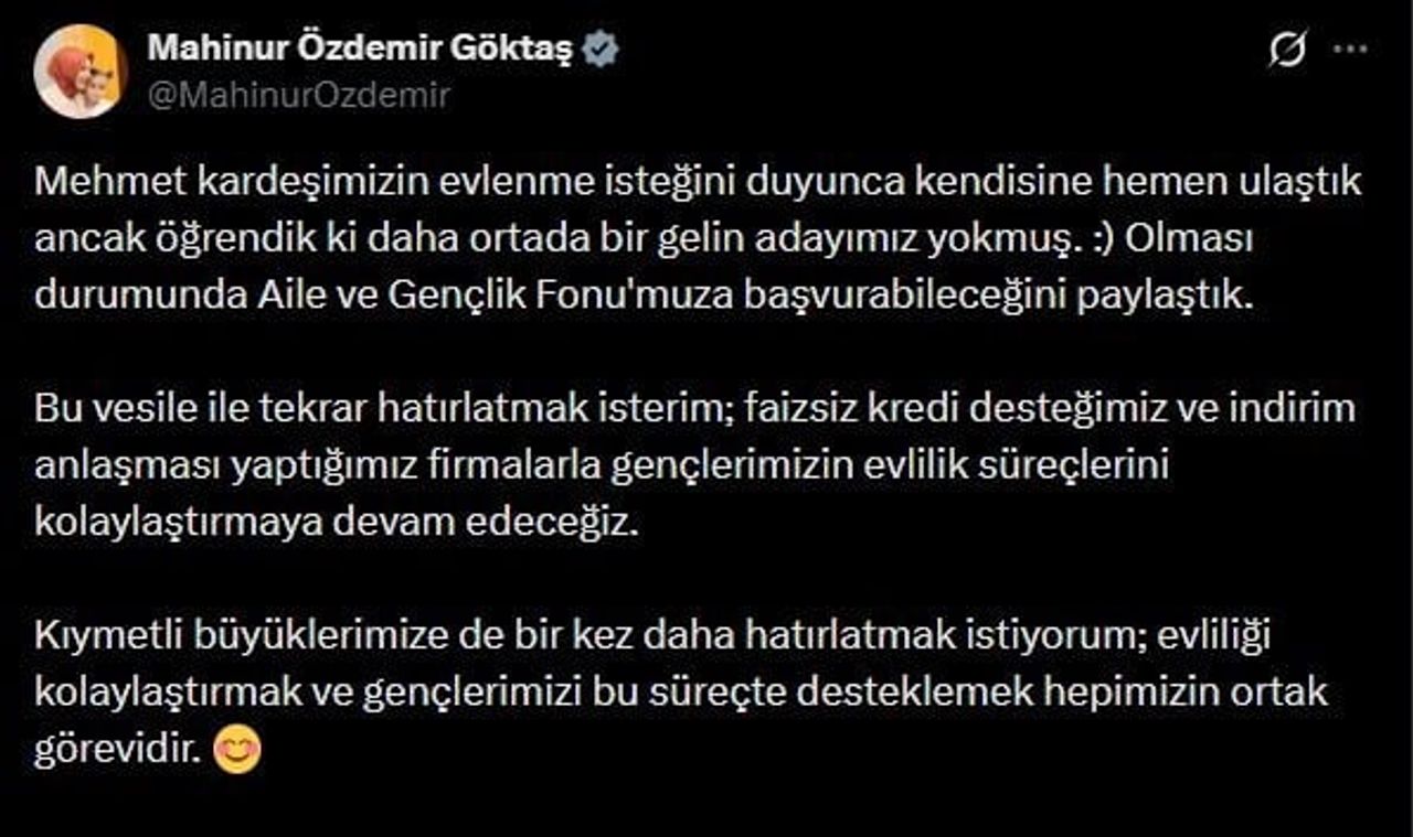 AİLE VE SOSYAL HİZMETLER BAKANI MAHİNUR ÖZDEMİR GÖKTAŞ'IN PAYLAŞIMI