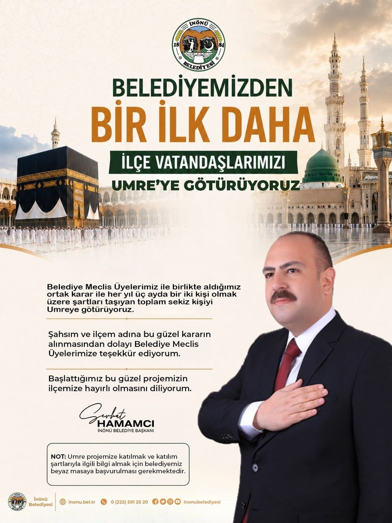 ESKİŞEHİR İNÖNÜ BELEDİYESİ, BAŞLATTIKLARI PROJE İLE HER YIL 8 KİŞİNİN UMRE'YE GÖTÜRÜLECEĞİNİ...